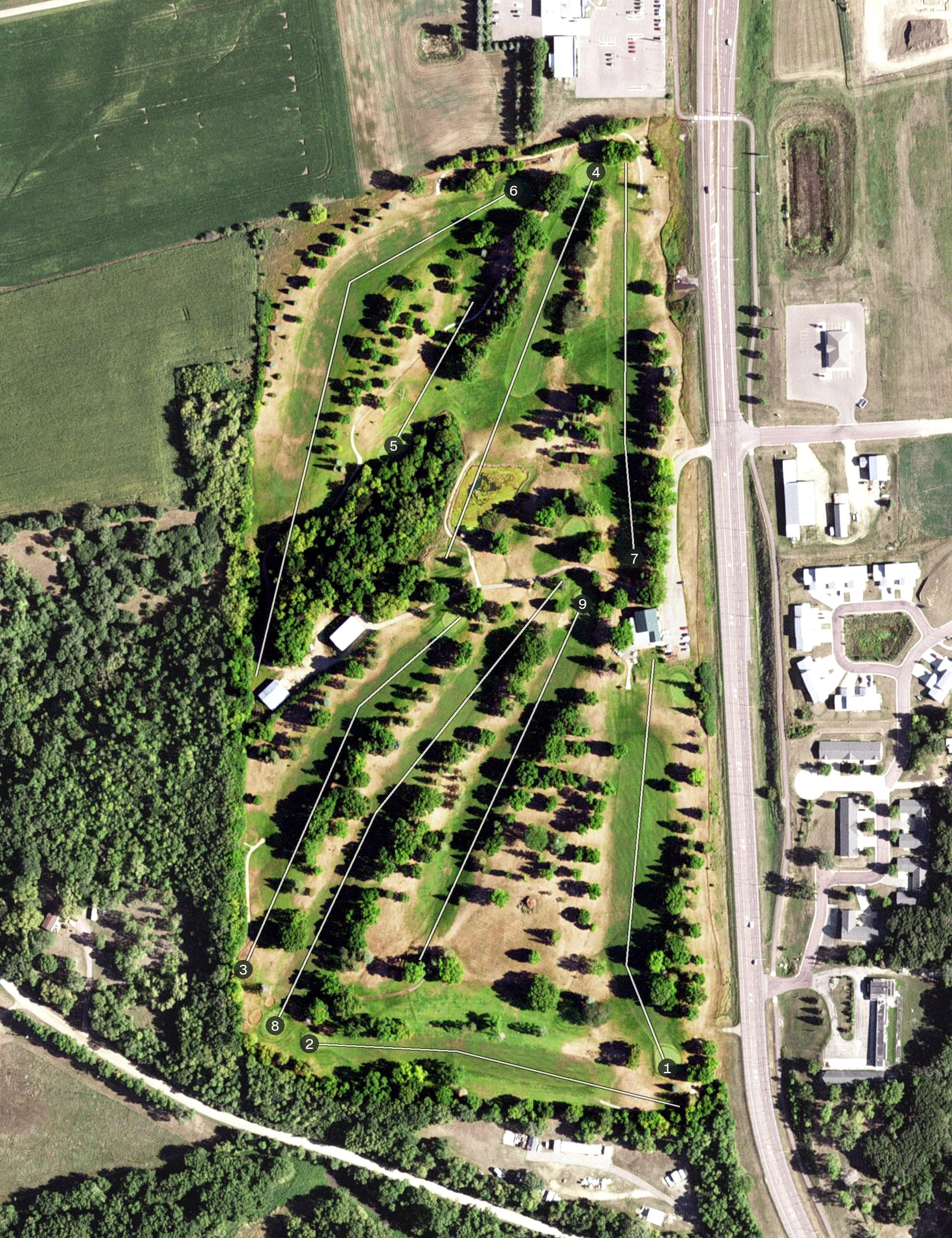 Aerial view of Jackson Golf Club, MN, with its hole routing marked