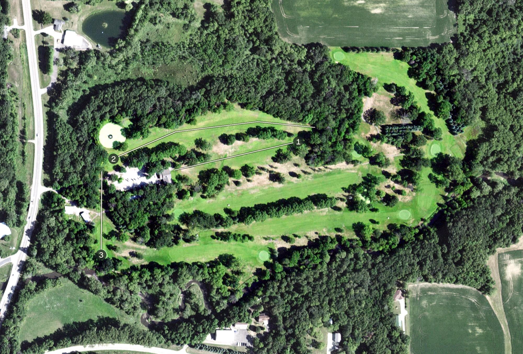 Aerial view of Kenyon Country Club, MN, with its hole routing marked