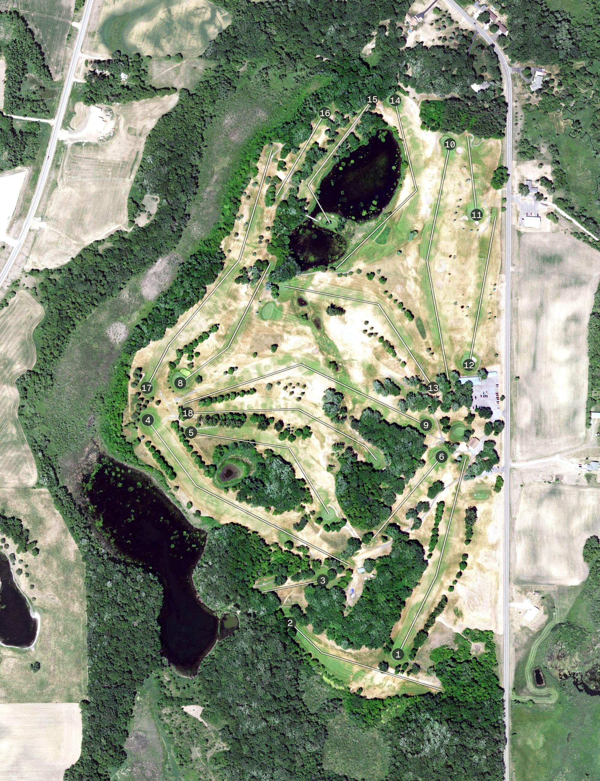 Aerial view of Kimball Golf Club, MN, with its hole routing marked