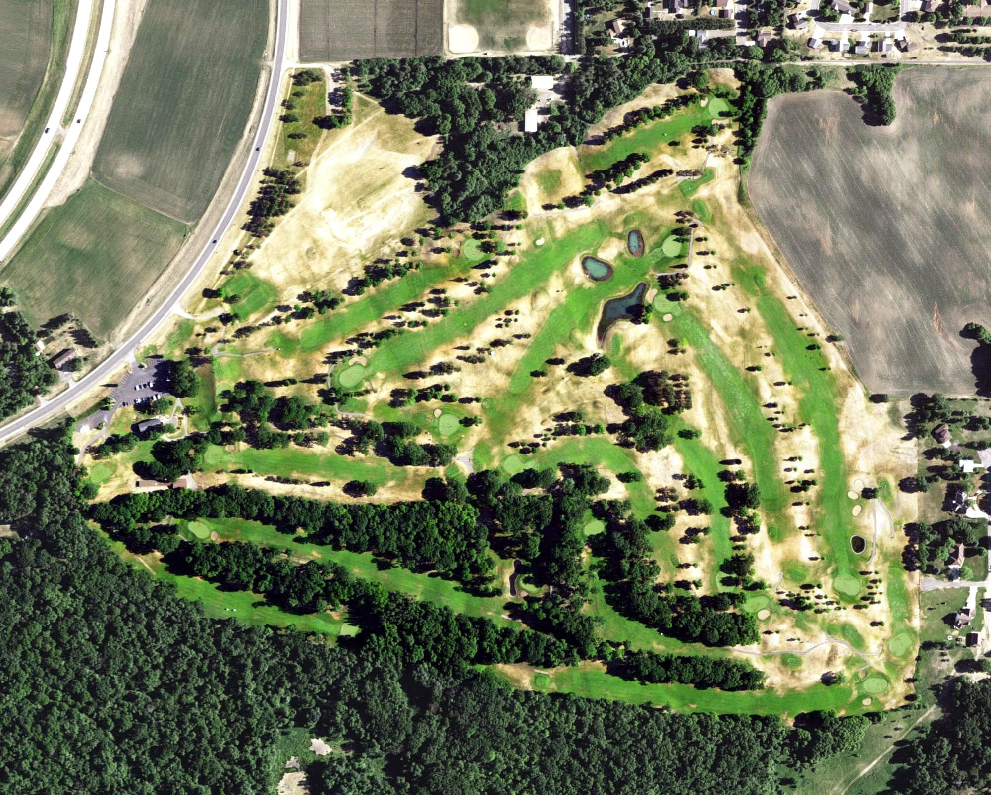 Aerial view of Koronis Hills Golf Club, MN, with its hole routing marked