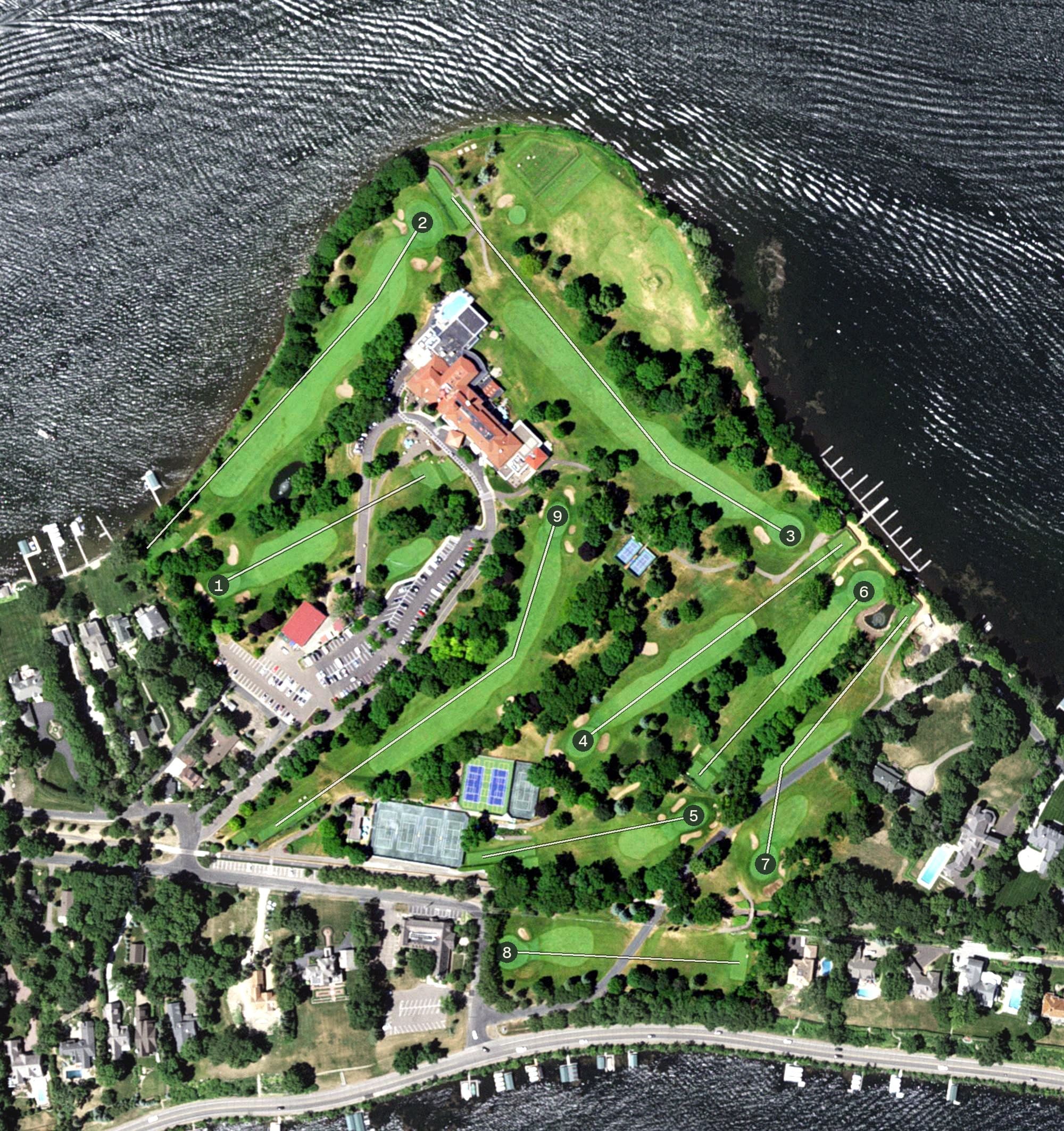 Aerial view of Lafayette Club, MN, with its hole routing marked