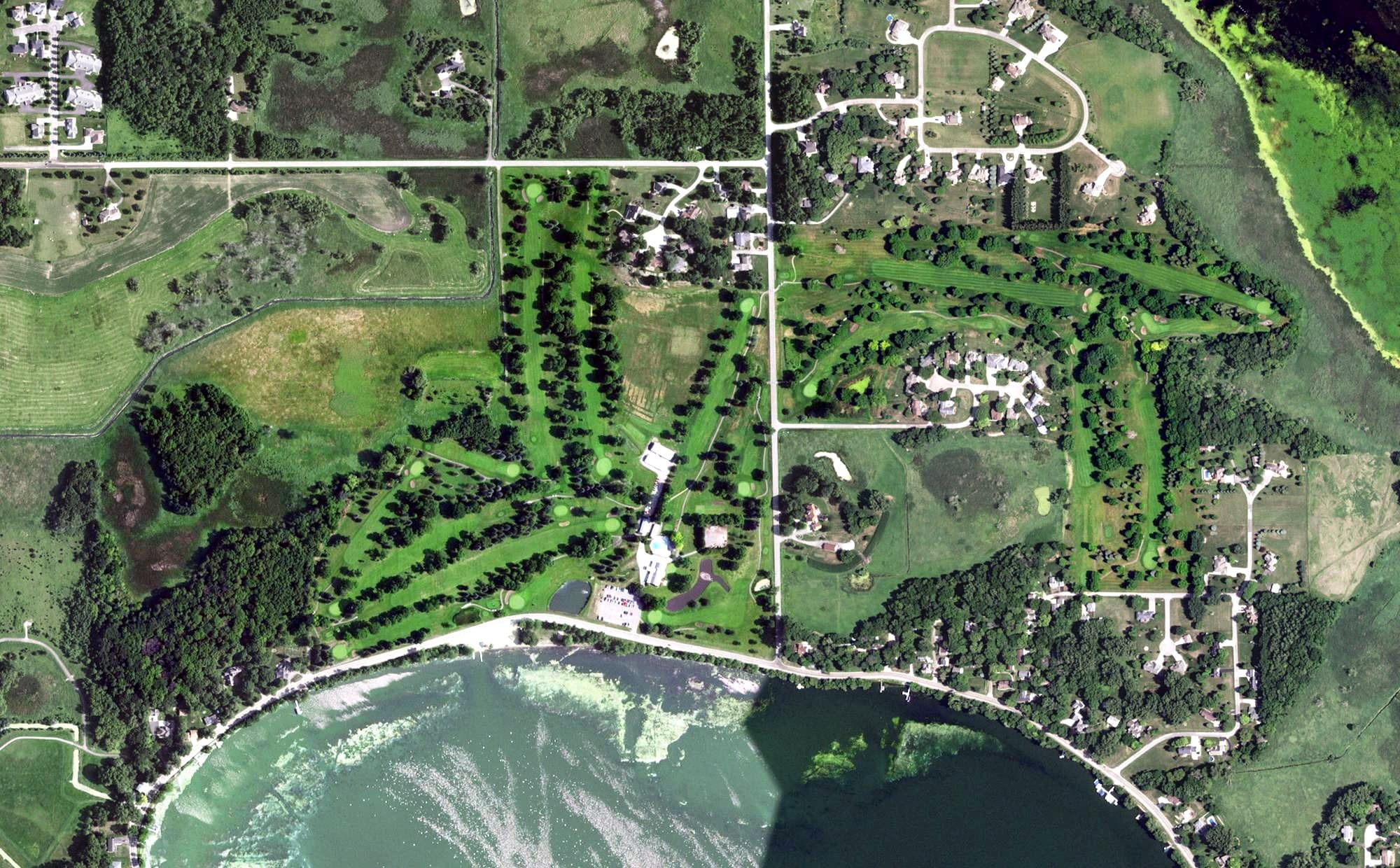 Aerial view of Lakeside Country Club, MN, with its hole routing marked