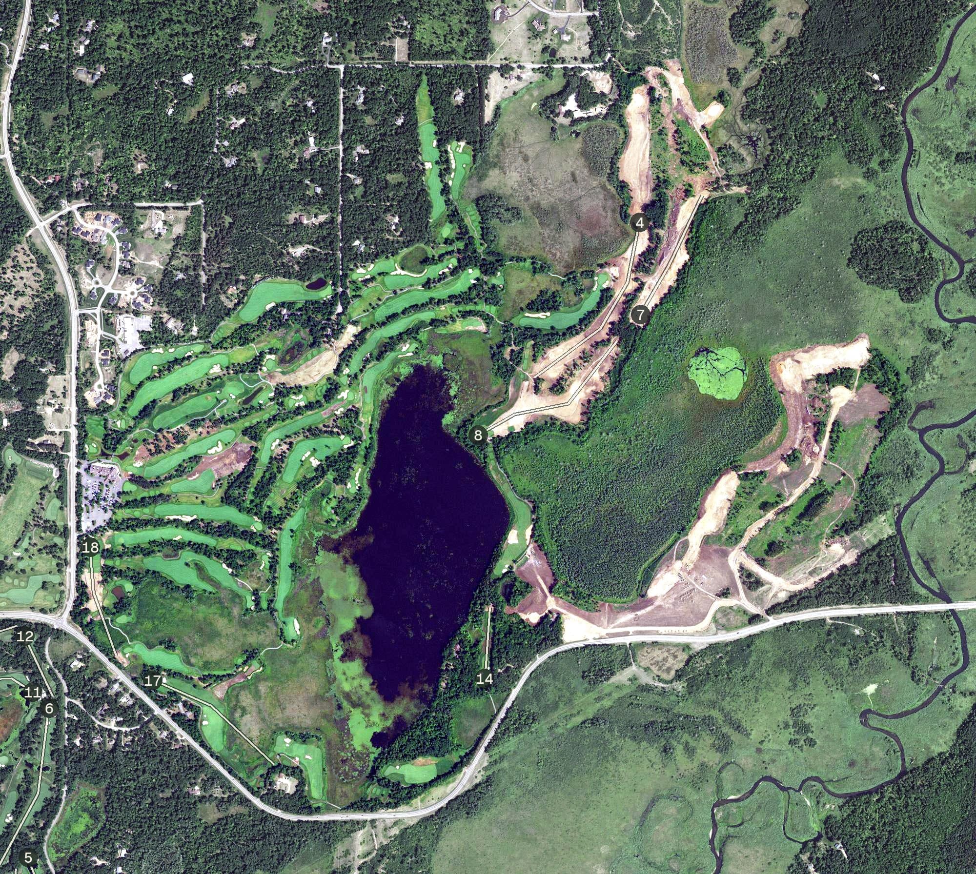 Aerial view of Legacy Courses at Cragun's, MN, with its hole routing marked