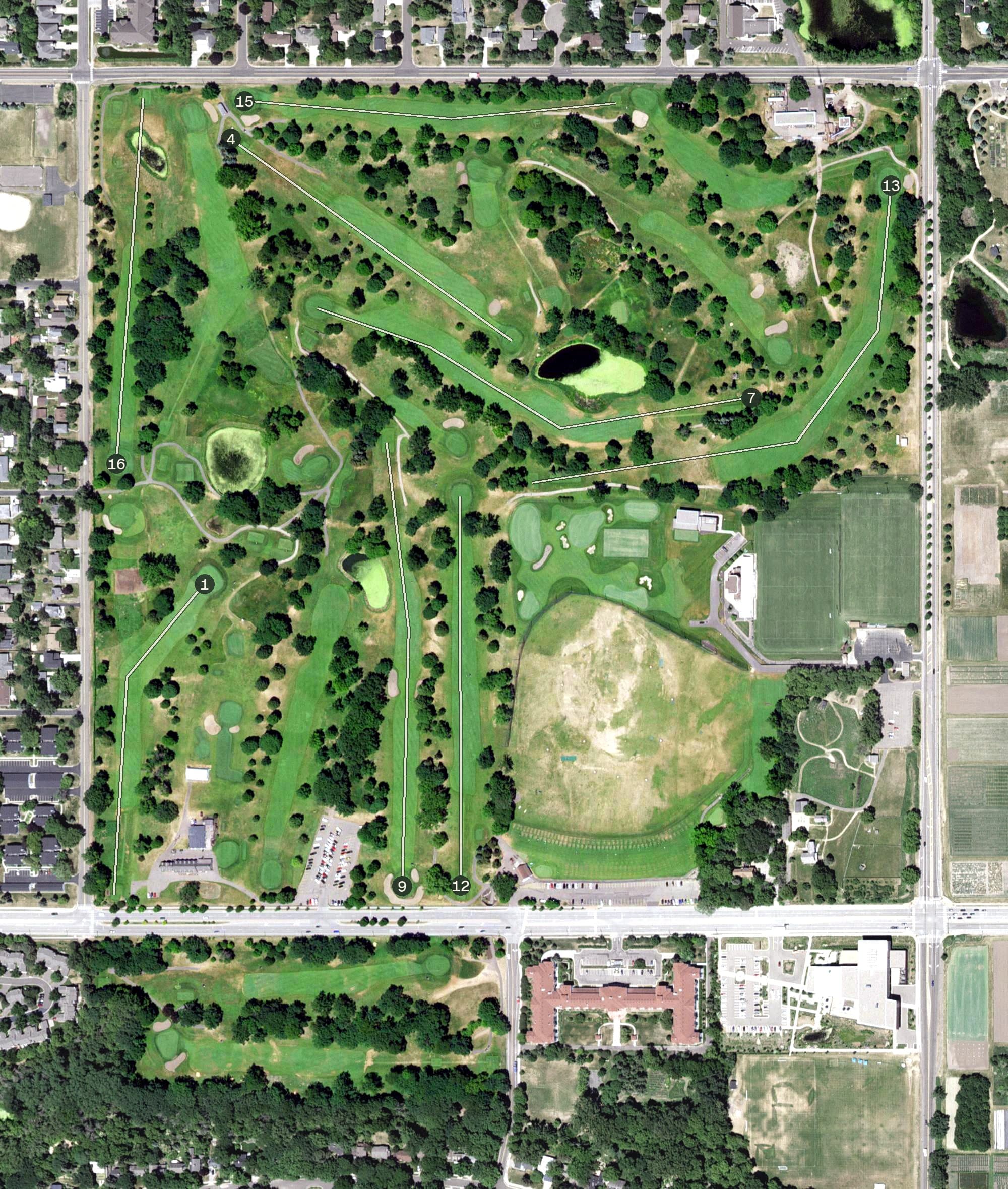 Aerial view of Les Bolstad Golf Course, MN, with its hole routing marked