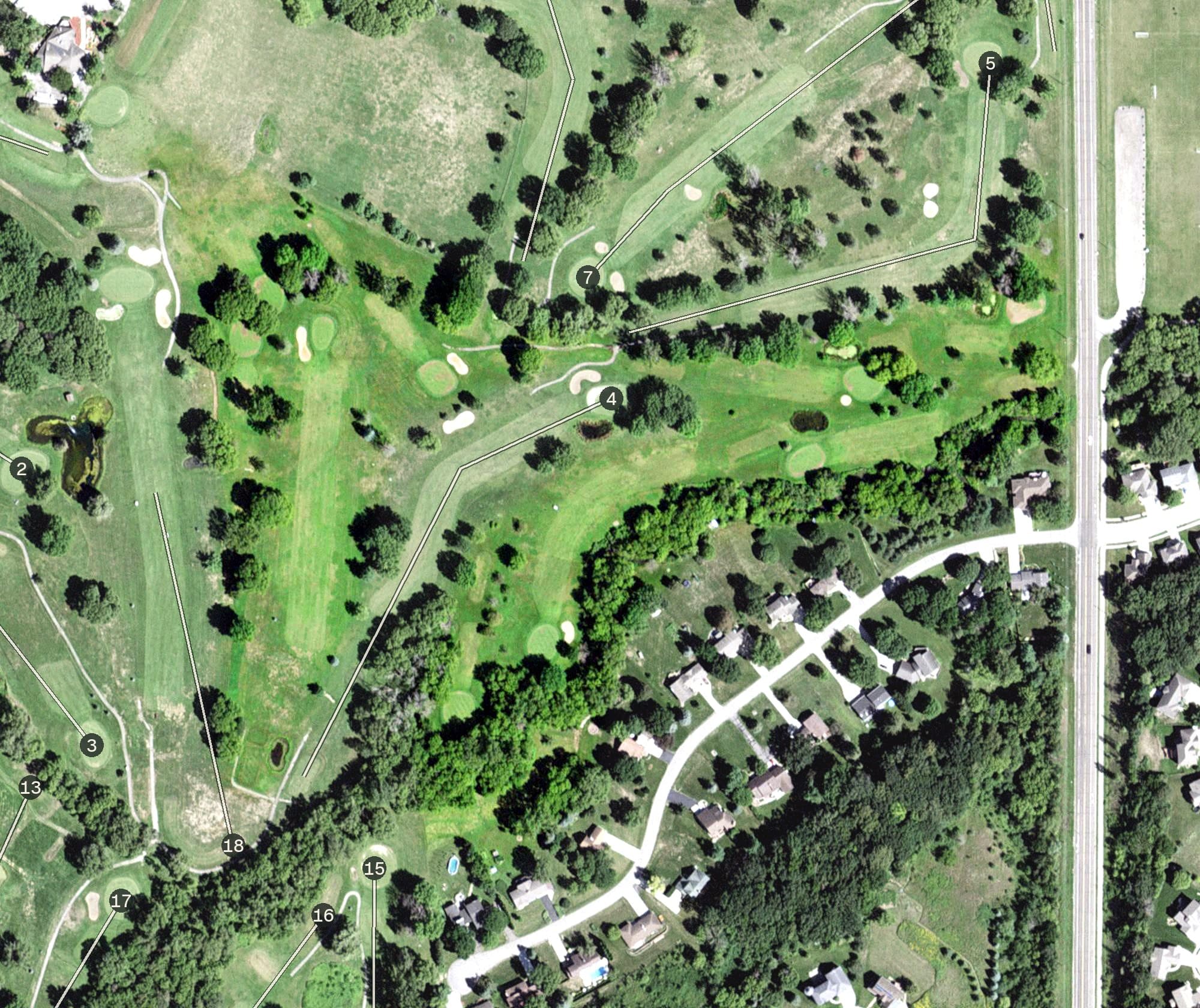 Aerial view of Little Willow Executive Course, MN, with its hole routing marked