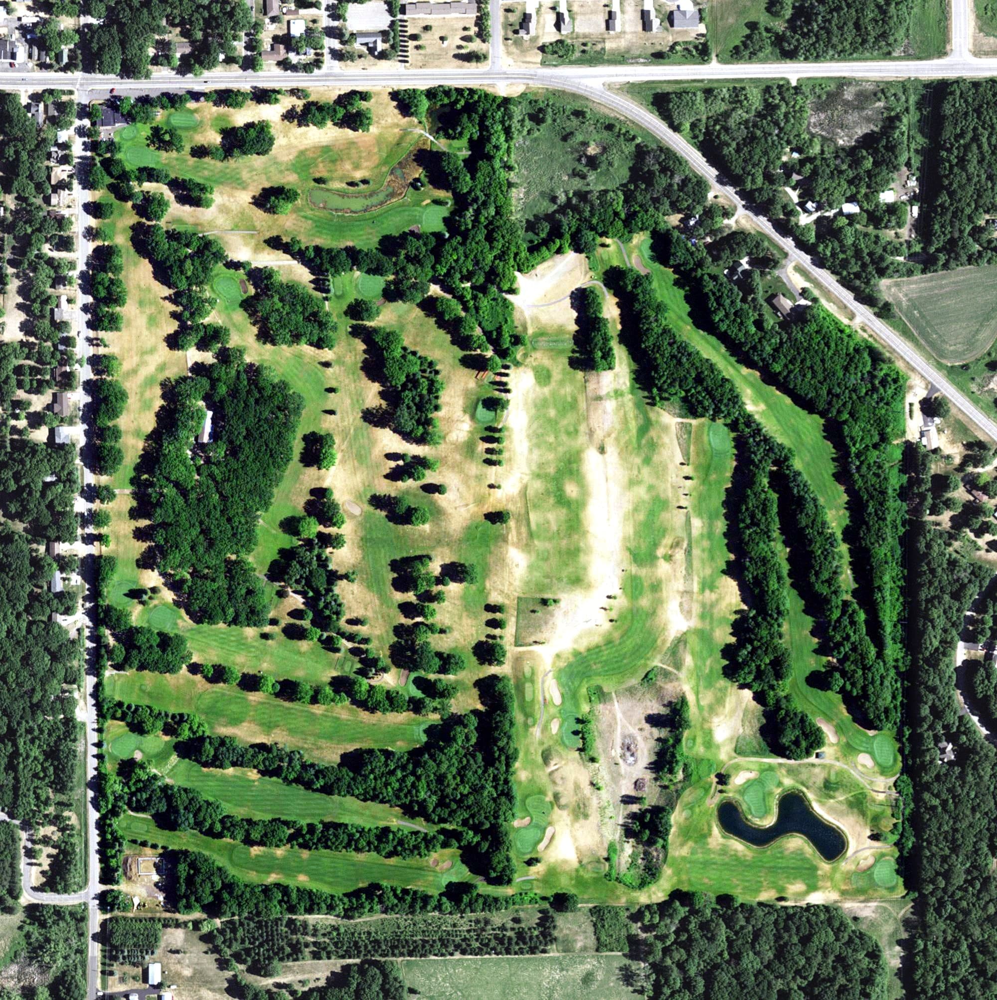 Aerial view of Long Prairie Country Club, MN, with its hole routing marked
