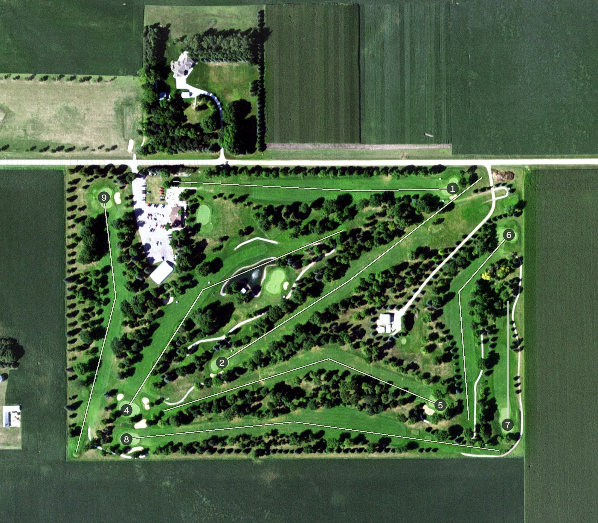 Aerial view of Luverne Country Club, MN, with its hole routing marked
