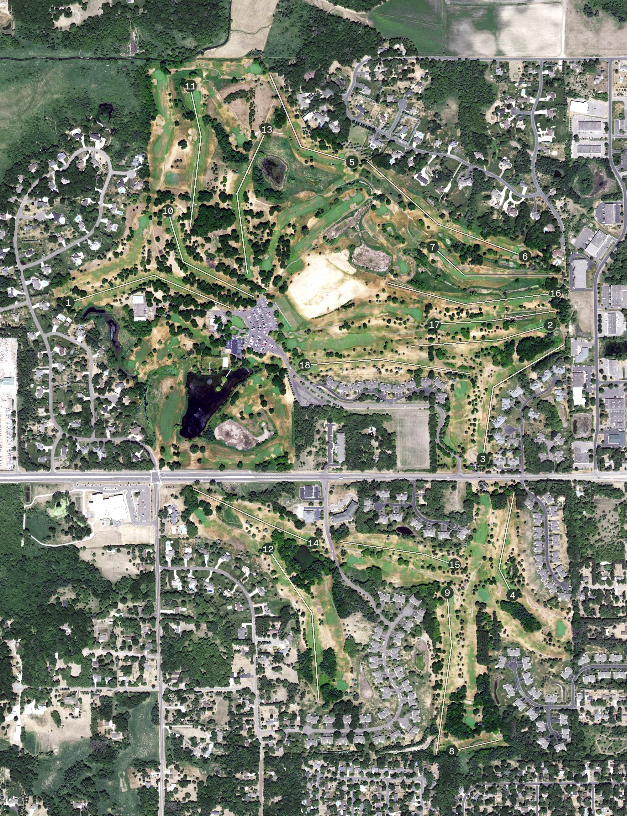Aerial view of Majestic Oaks Golf Club, MN, with its hole routing marked