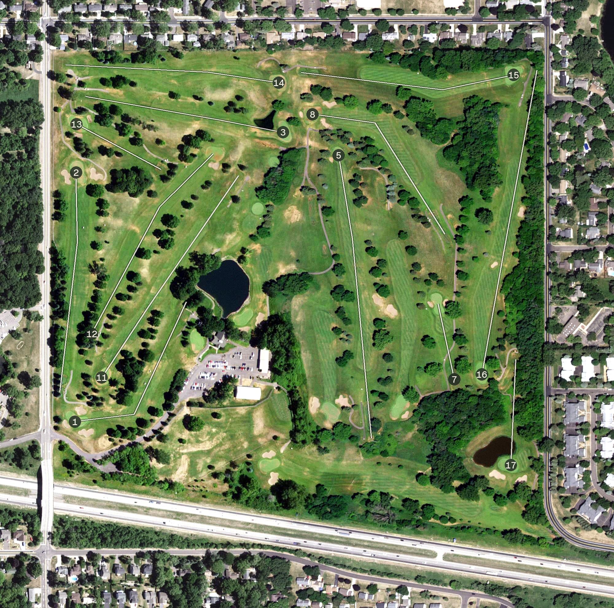Aerial view of Manitou Ridge Golf Course, MN, with its hole routing marked