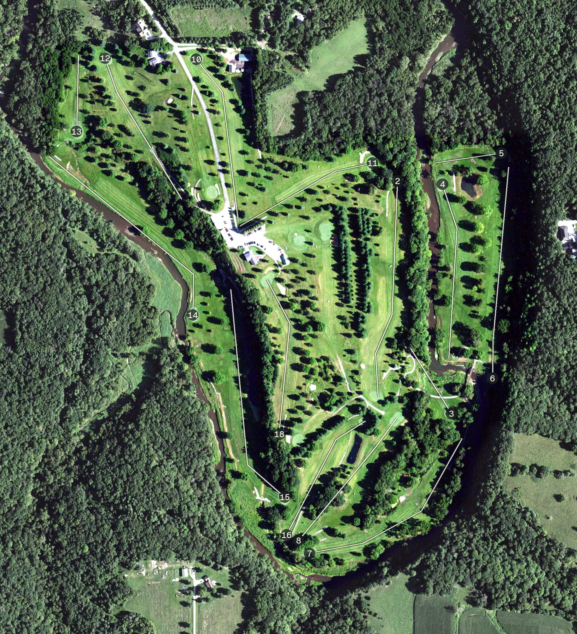 Aerial view of Maple Valley Golf & Country Club, MN, with its hole routing marked