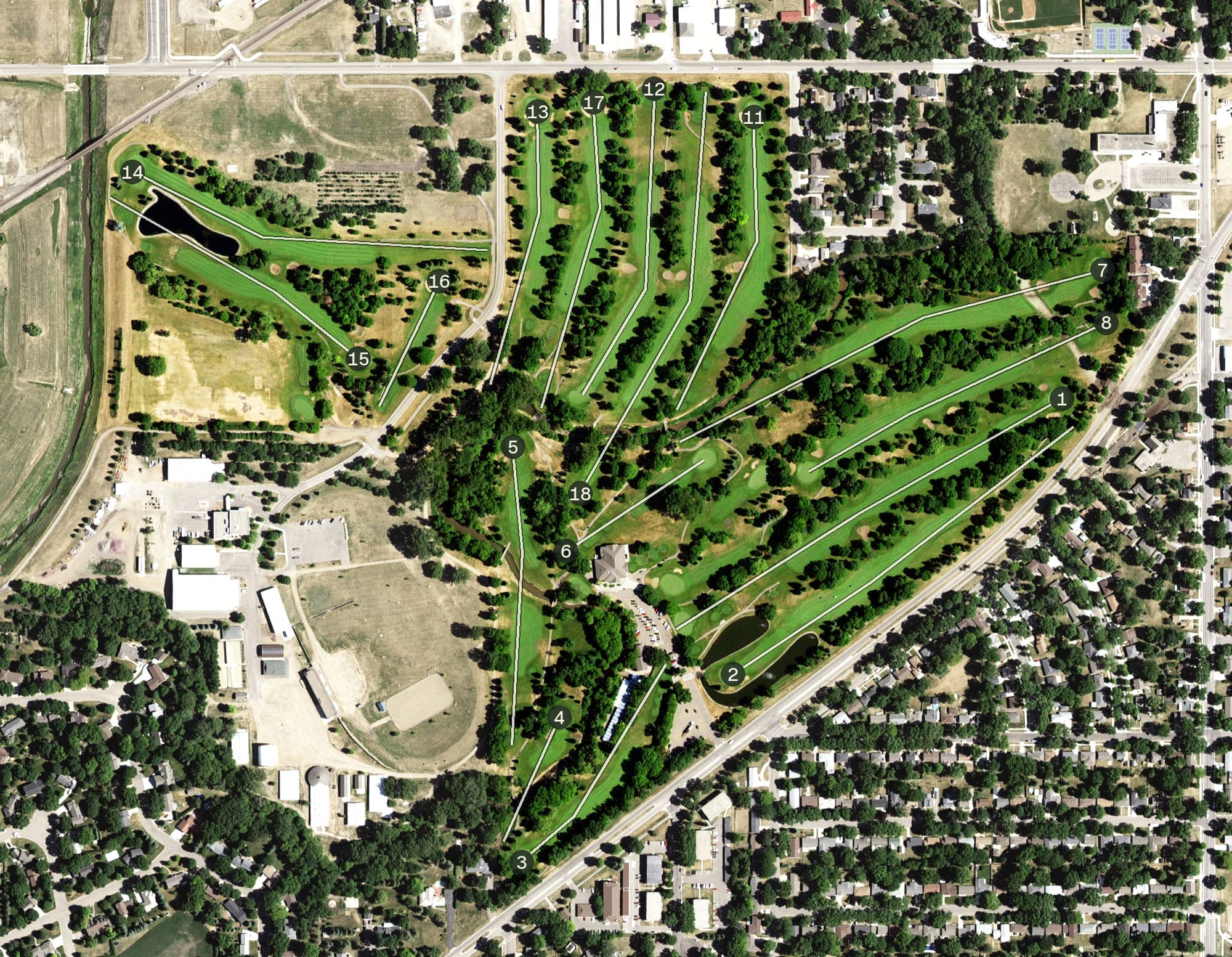 Aerial view of Marshall Golf Club, MN, with its hole routing marked