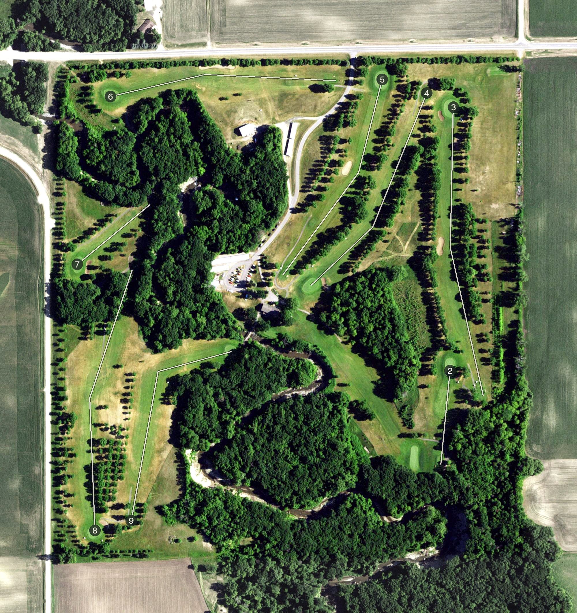 Aerial view of Mayflower Golf Club, MN, with its hole routing marked