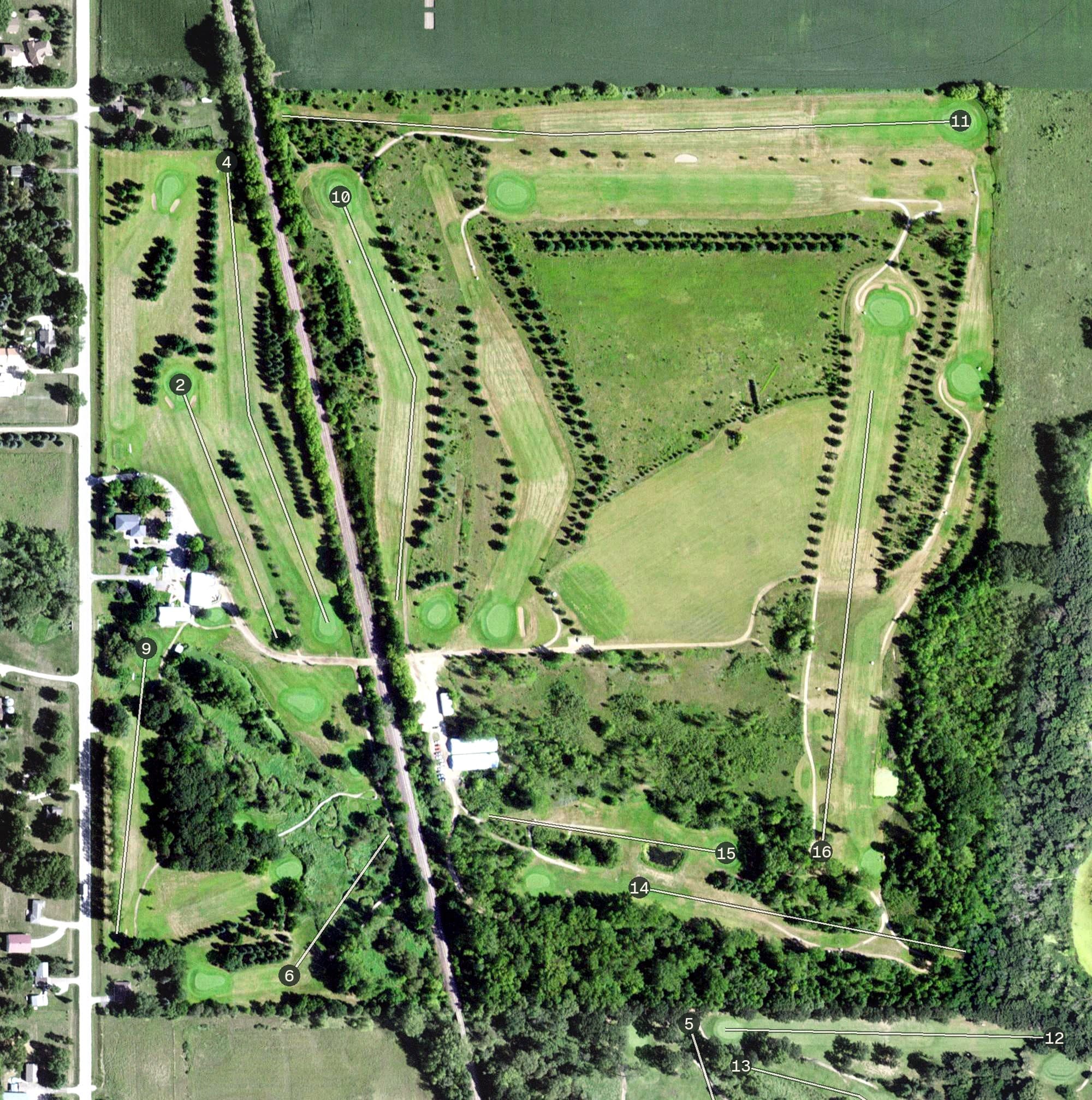 Aerial view of Meadow Greens Golf Course, MN, with its hole routing marked