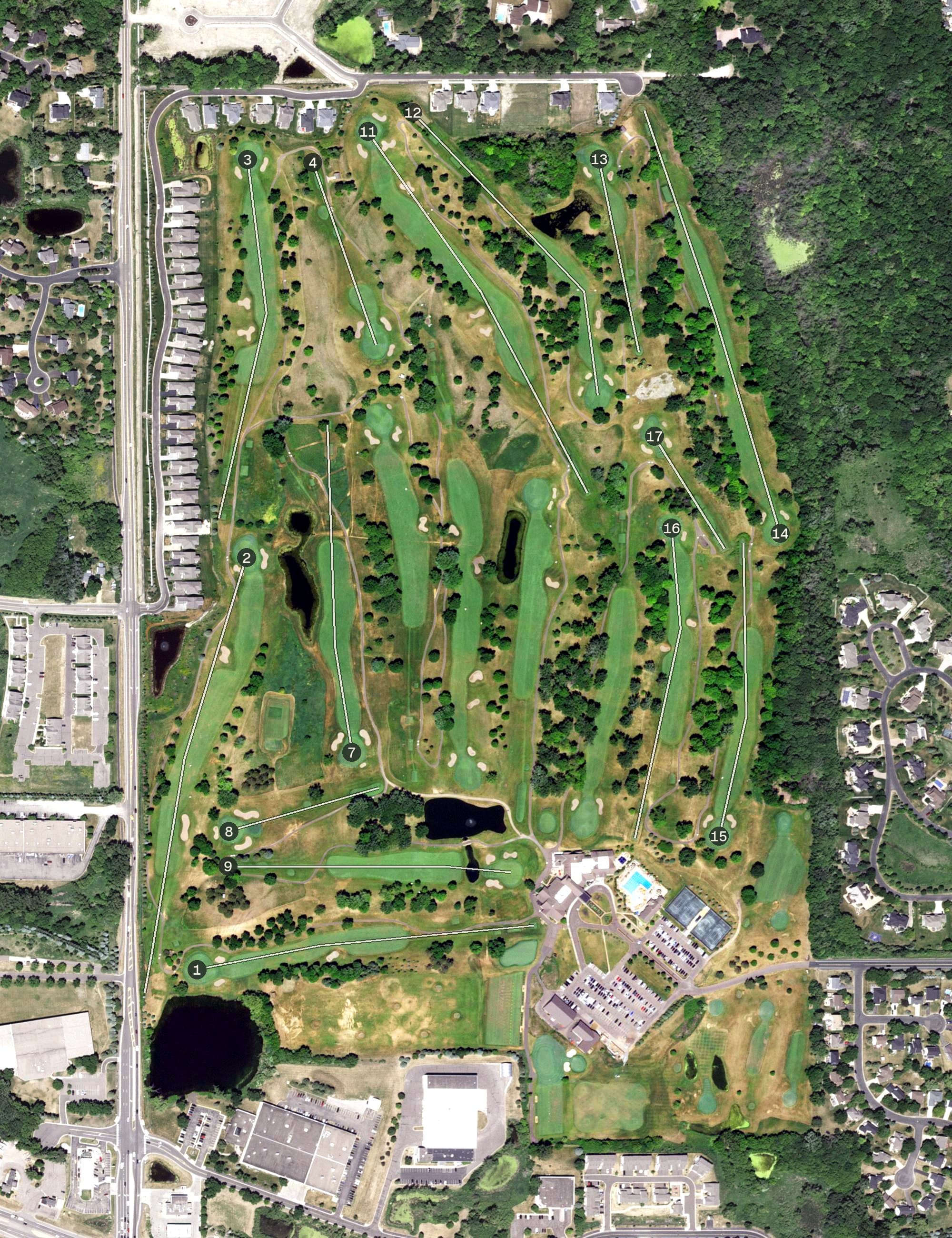 Aerial view of Medina Golf & Country Club, MN, with its hole routing marked