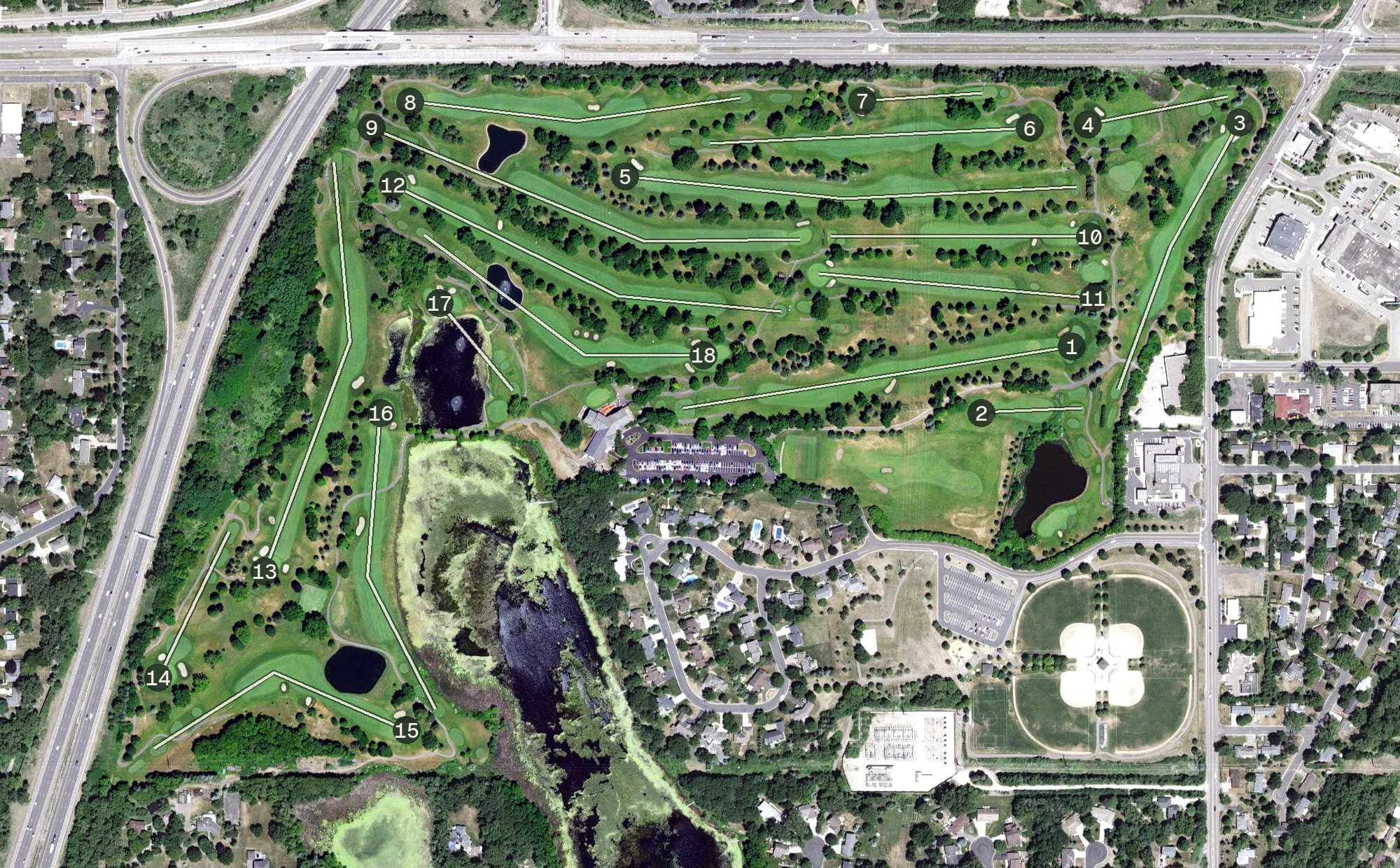 Aerial view of Mendakota Country Club, MN, with its hole routing marked