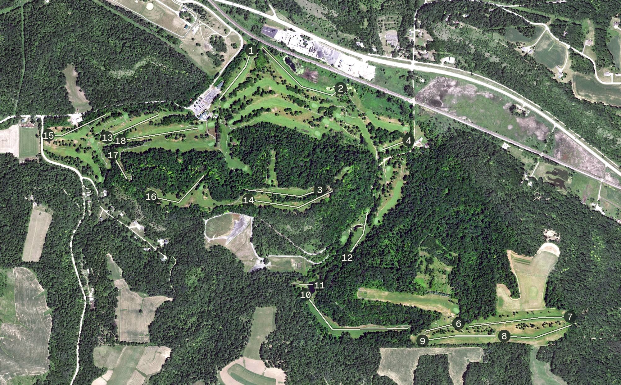 Aerial view of Mississippi National Golf Links, MN, with its hole routing marked