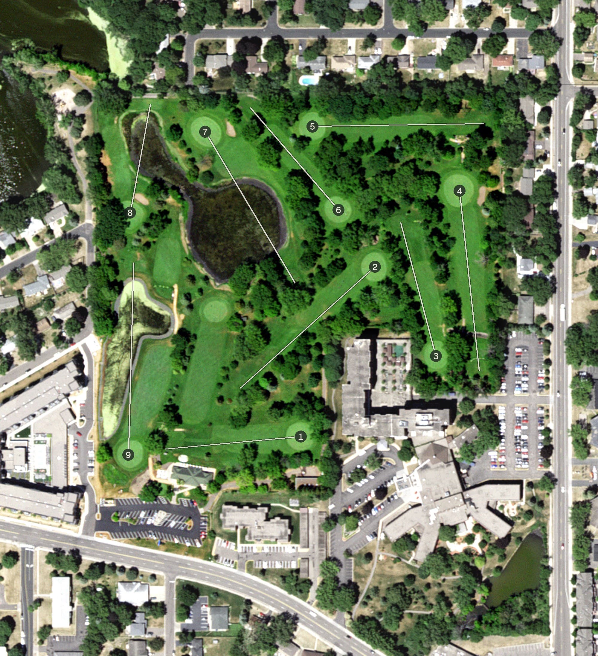 Aerial view of New Hope Village Golf Course, MN, with its hole routing marked