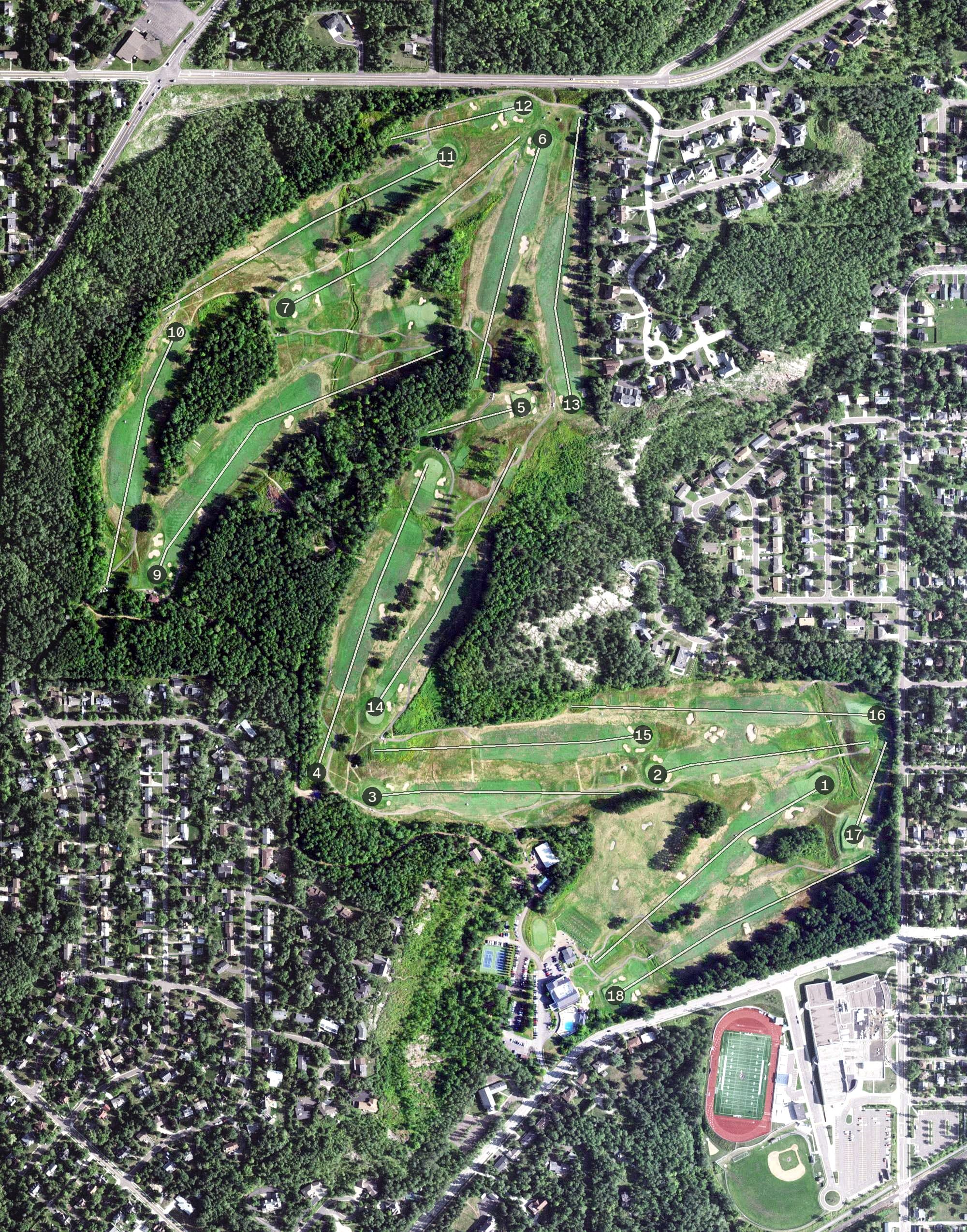 Aerial view of Northland Country Club, MN, with its hole routing marked