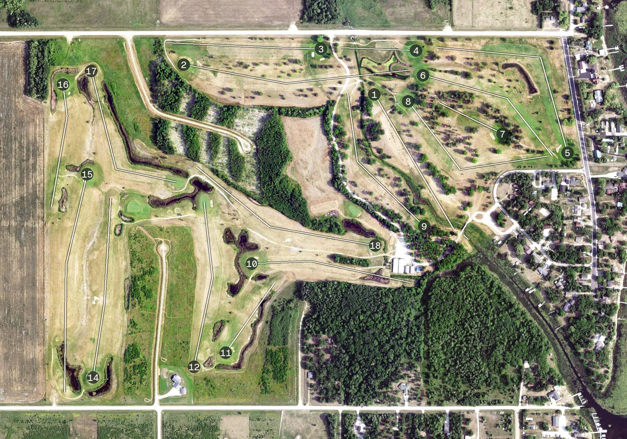 Aerial view of Oak Harbor Golf Course, MN, with its hole routing marked