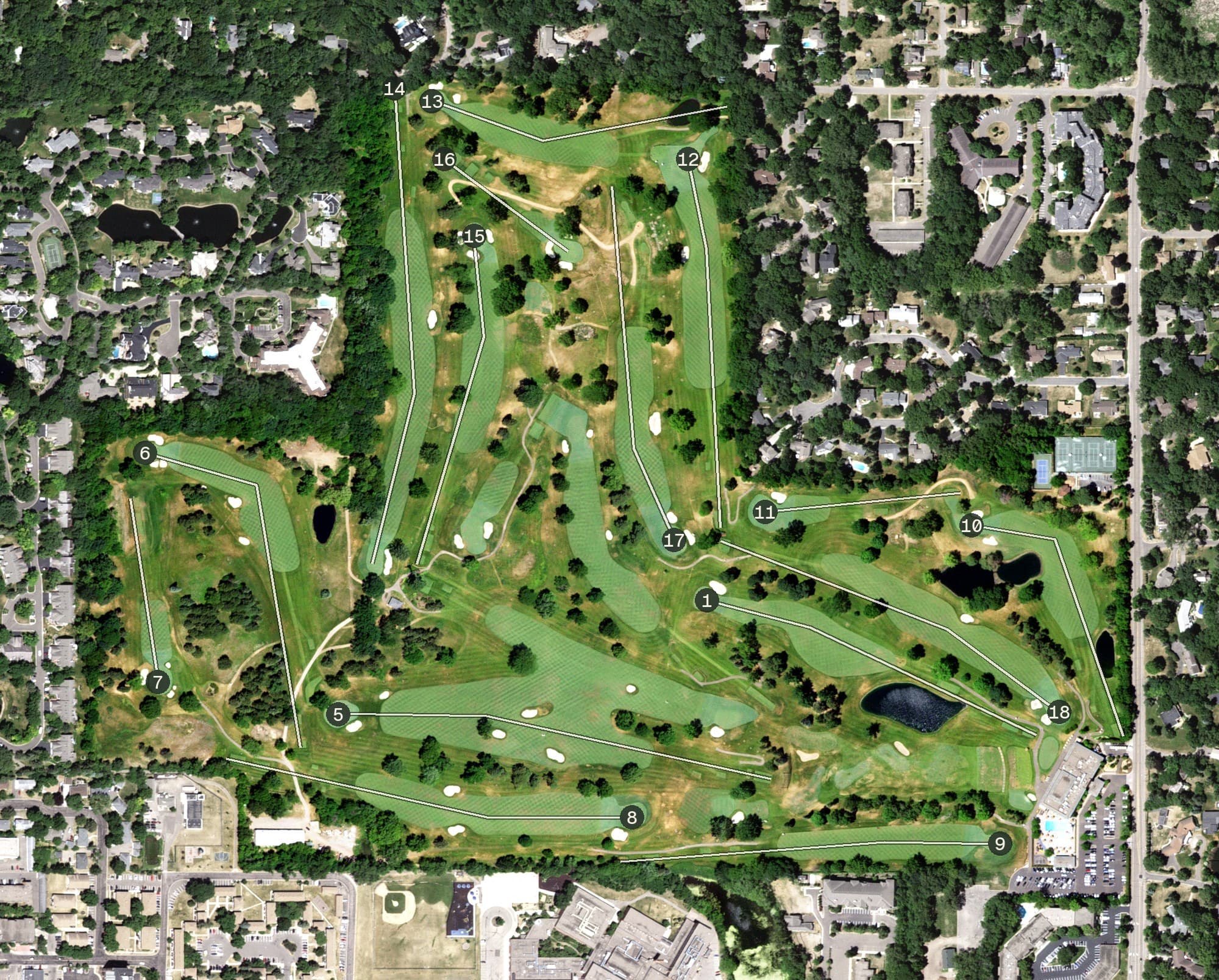 Aerial view of Oak Ridge Country Club, MN, with its hole routing marked