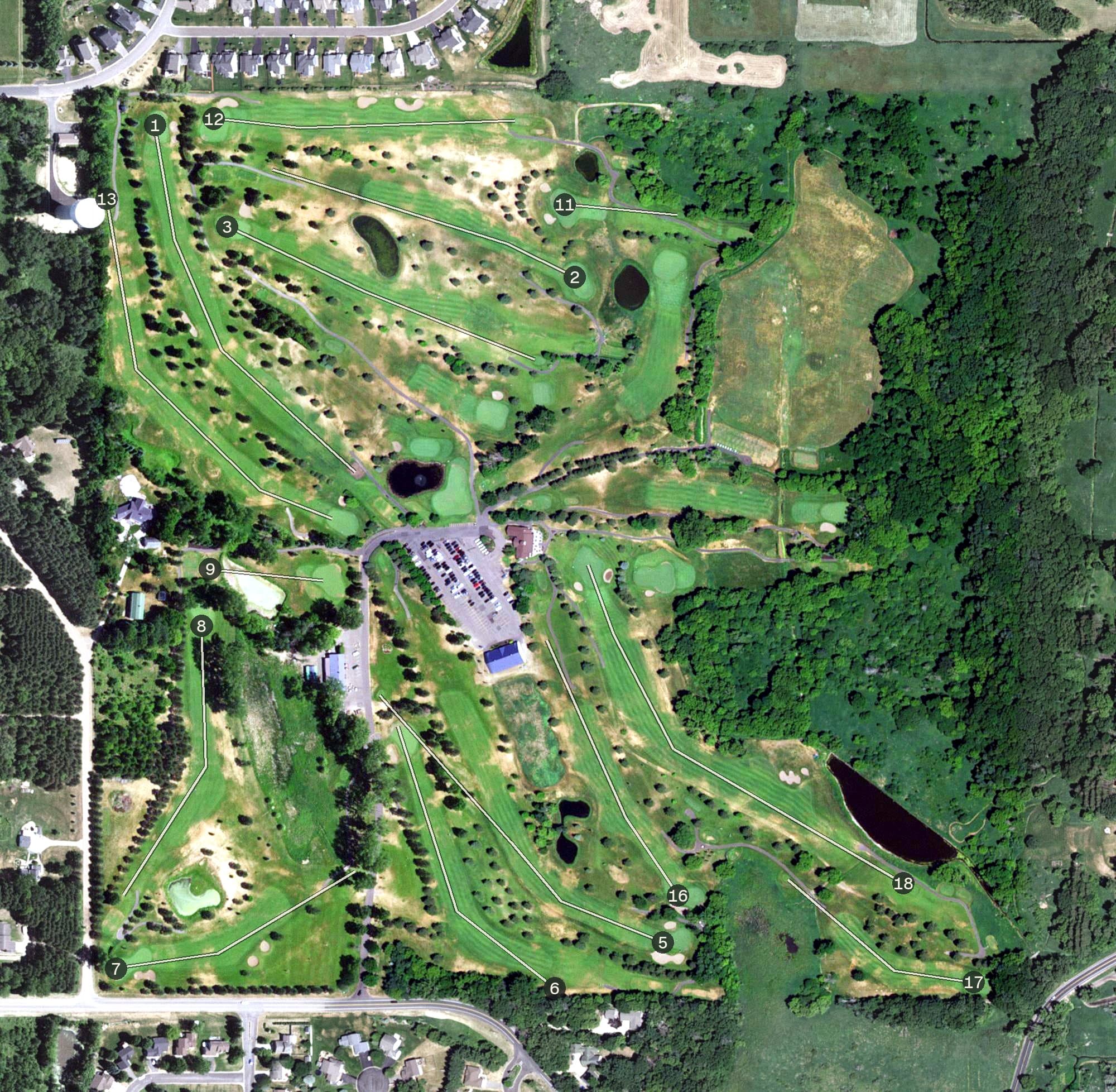 Aerial view of Oneka Ridge Golf Course, MN, with its hole routing marked