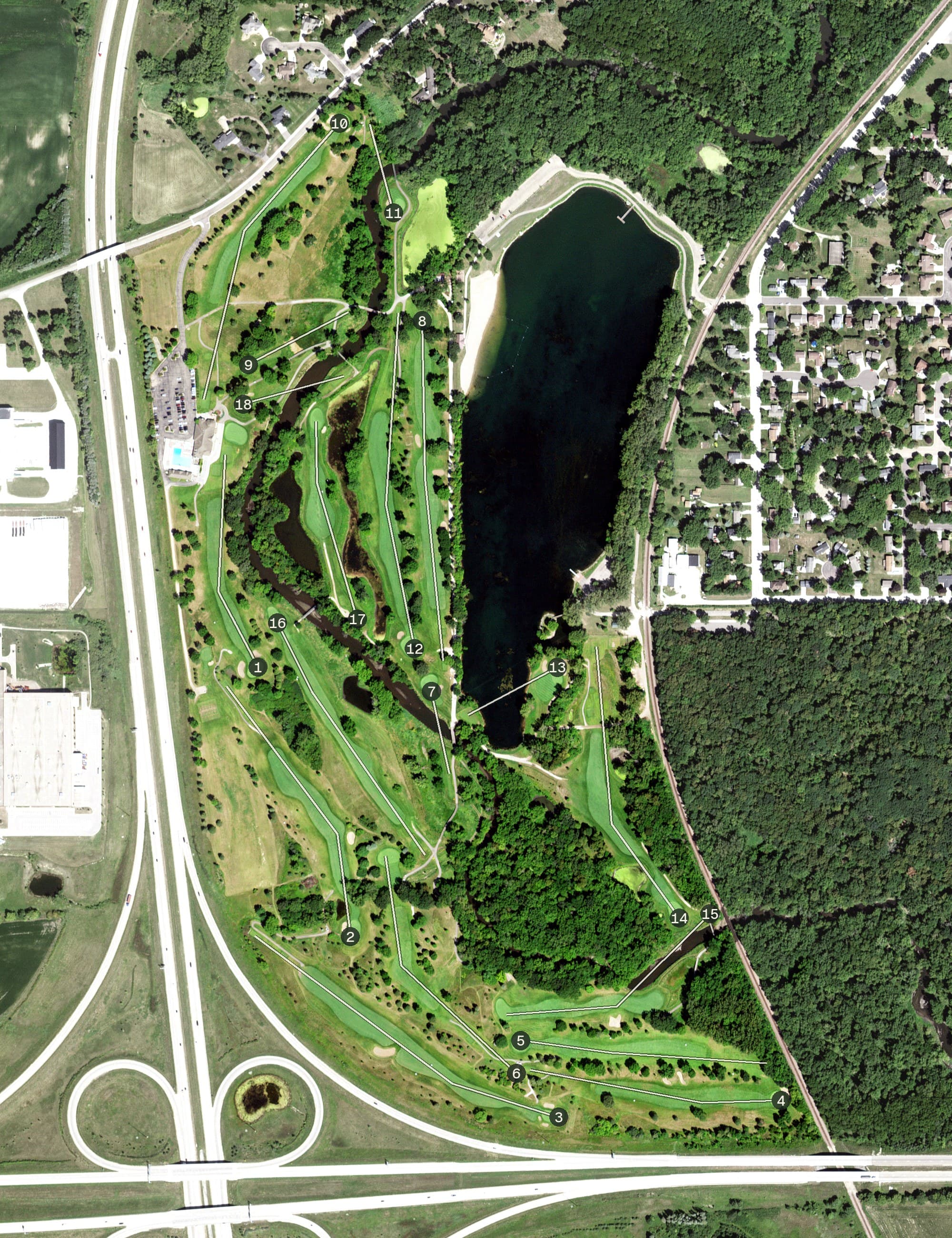Aerial view of Owatonna Country Club, MN, with its hole routing marked