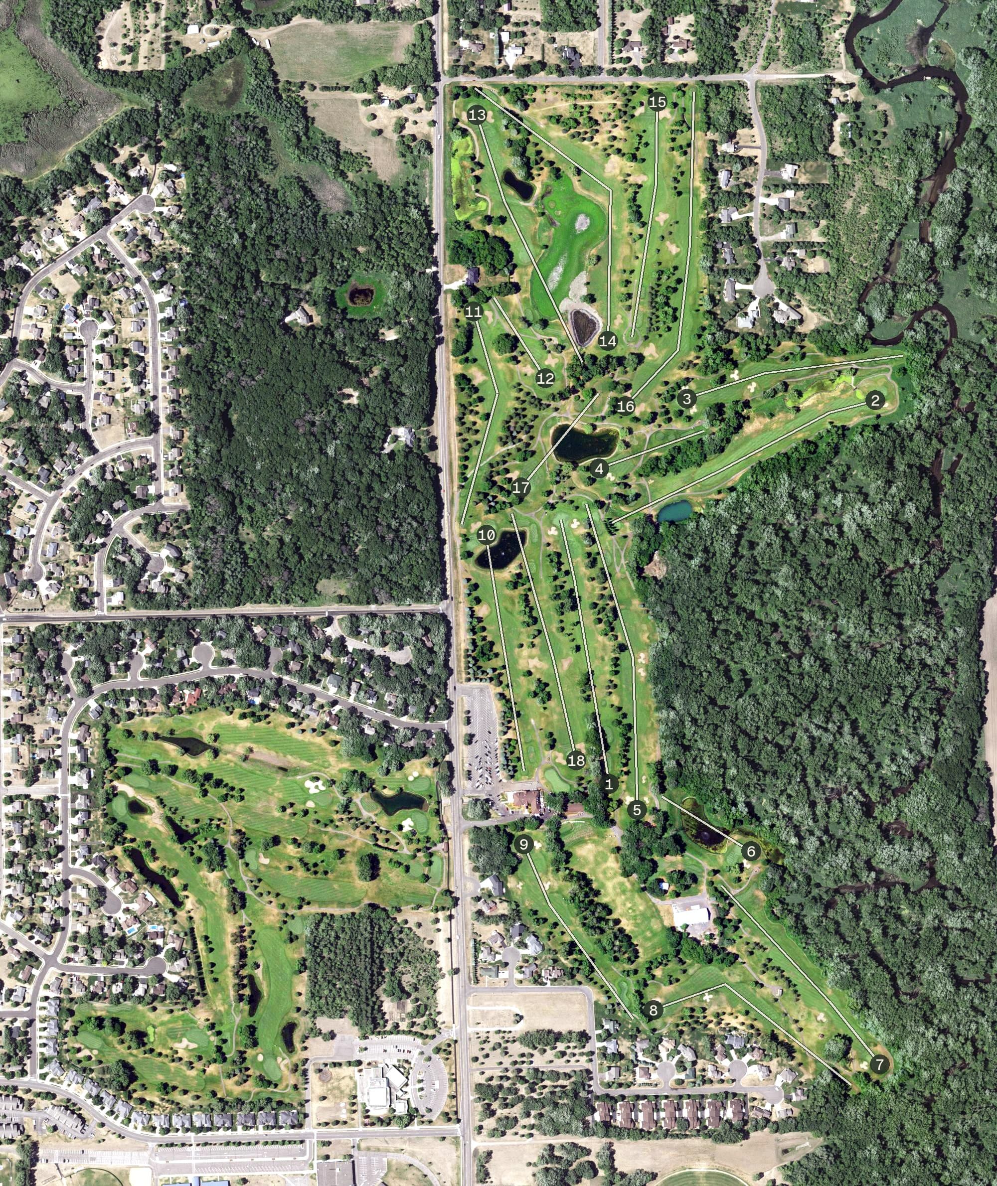 Aerial view of Pebble Creek Golf Course, MN, with its hole routing marked