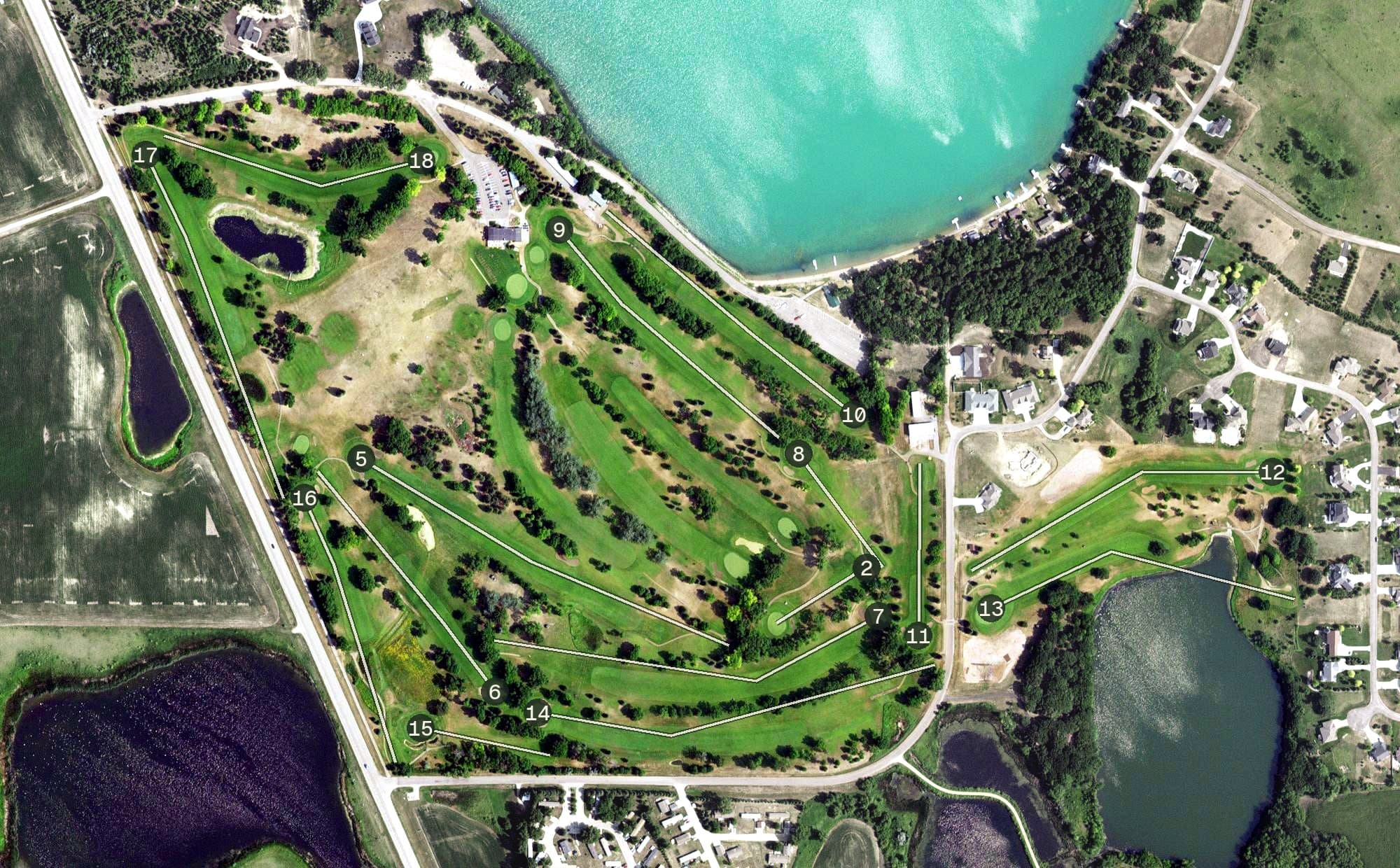 Aerial view of Pebble Lake Golf Course, MN, with its hole routing marked