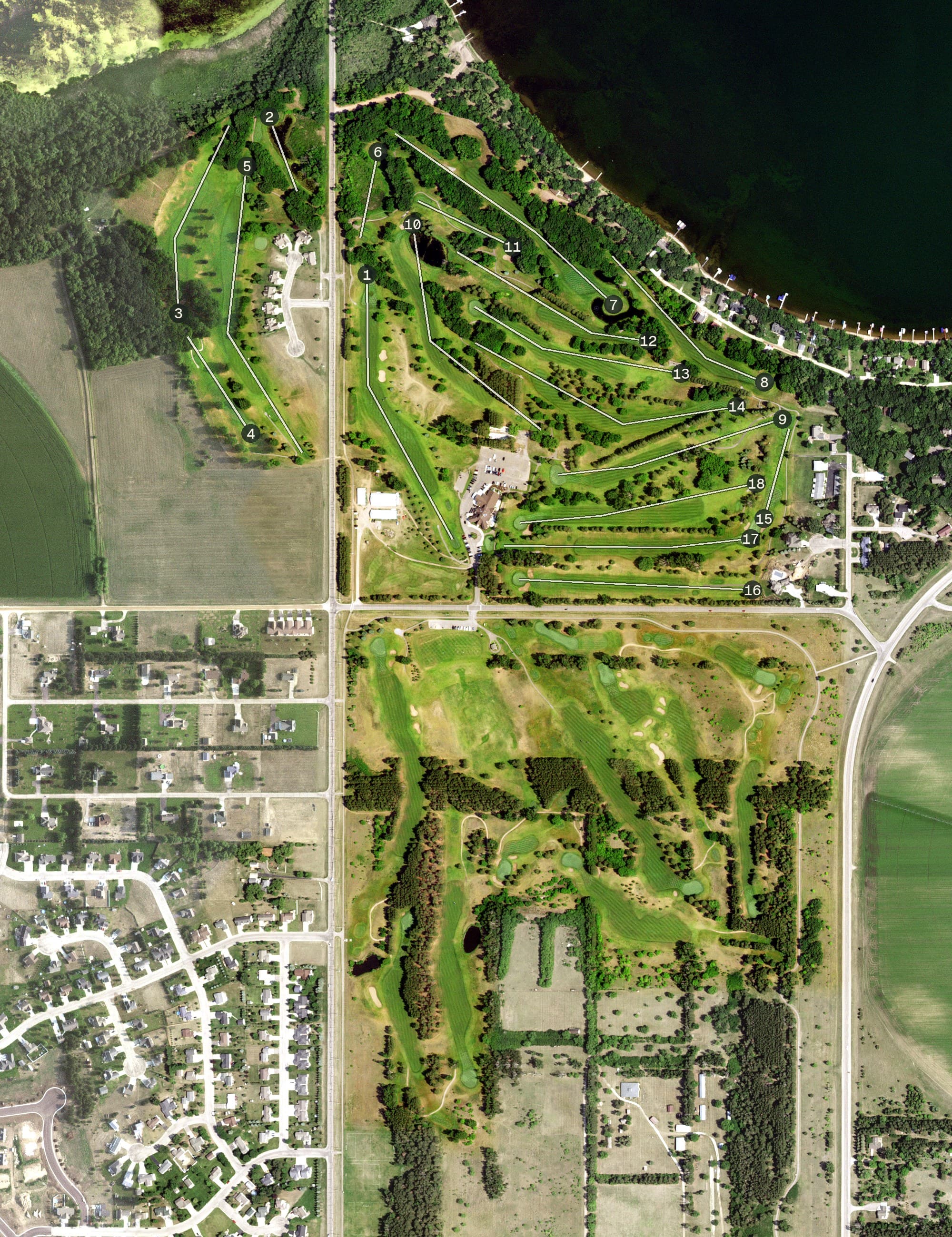 Aerial view of Perham Lakeside Golf Club, MN, with its hole routing marked