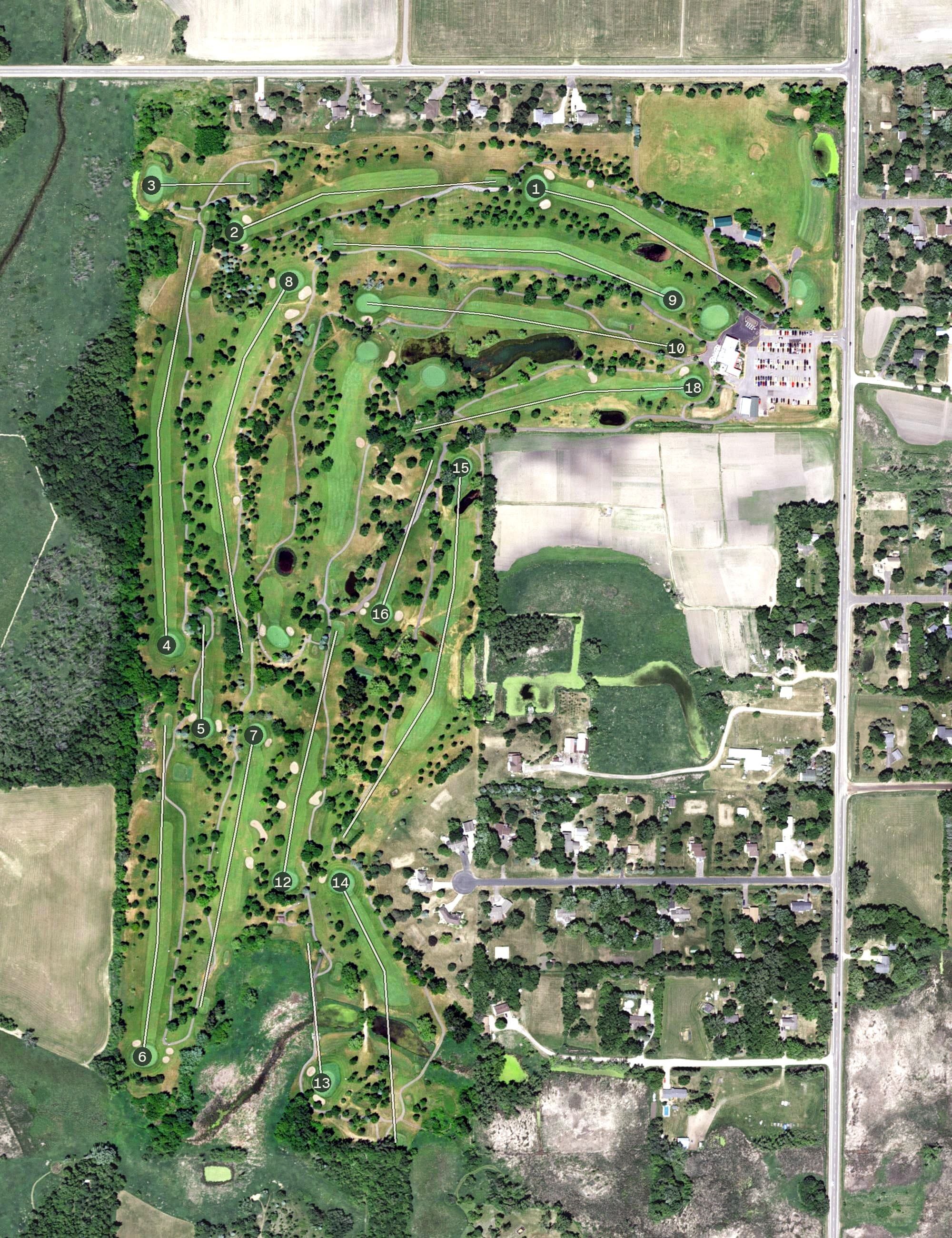 Aerial view of Pheasant Acres Golf Course, MN, with its hole routing marked