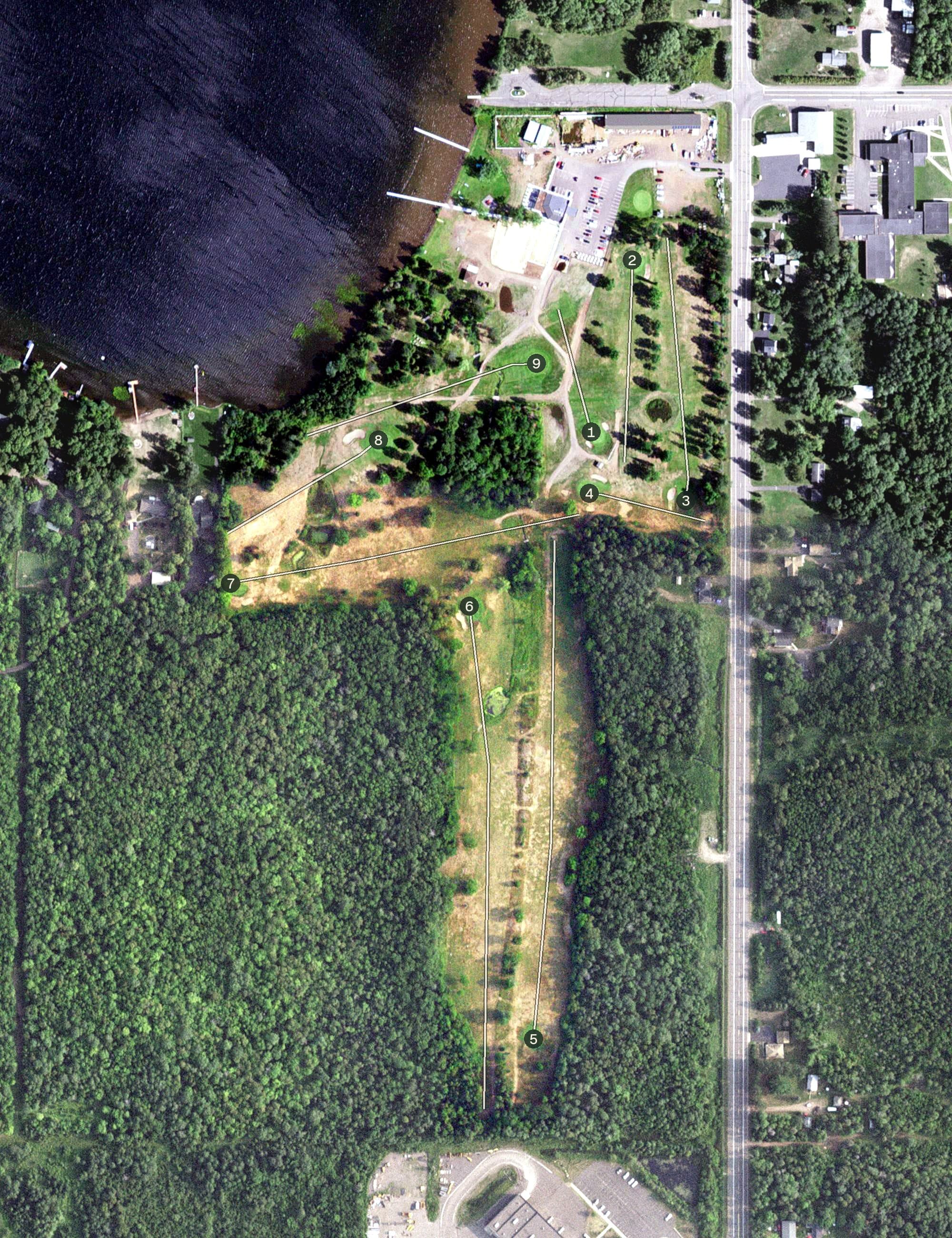 Aerial view of Pike Lake Golf Course, MN, with its hole routing marked