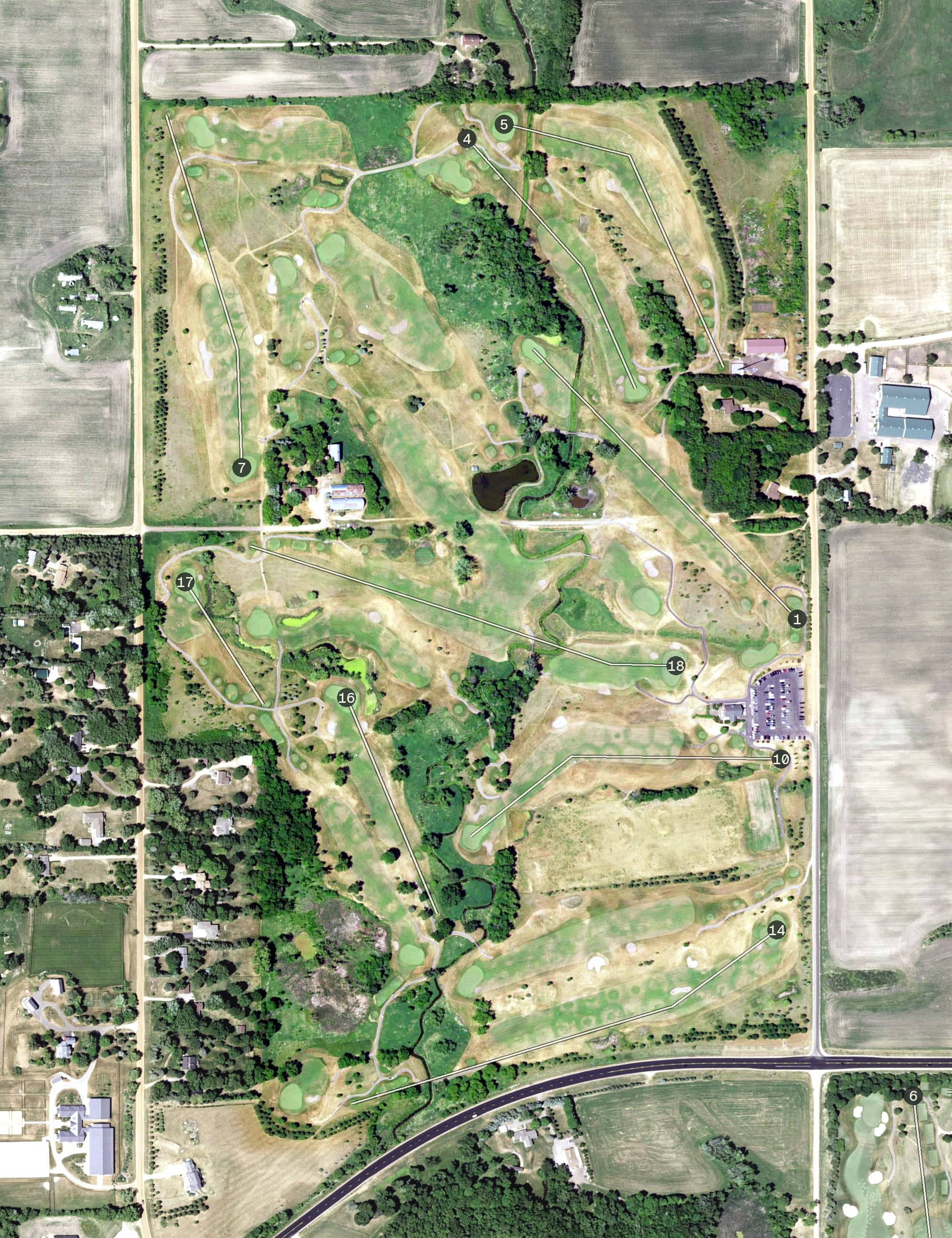 Aerial view of Pioneer Creek, MN, with its hole routing marked