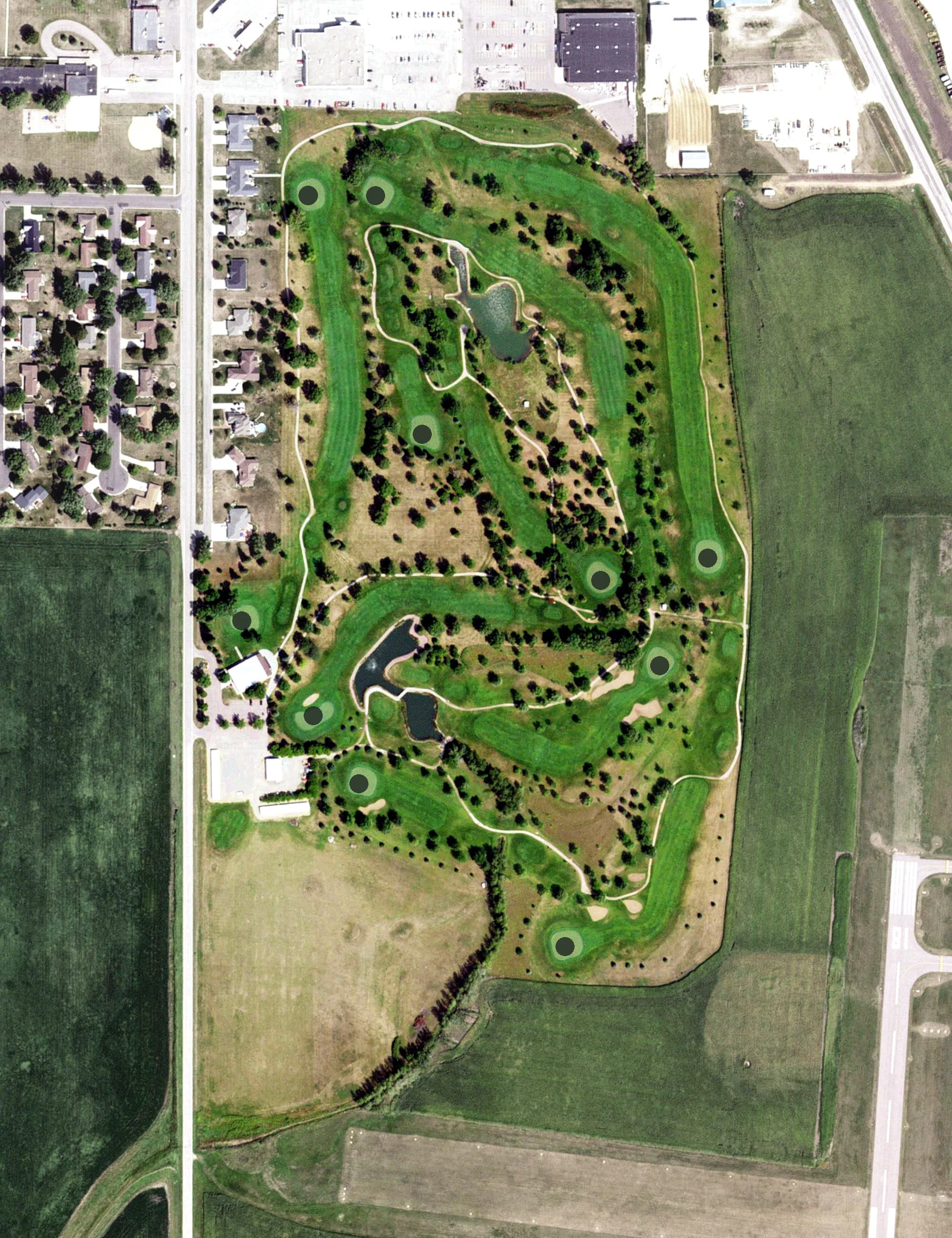 Aerial view of Pipestone Golf & Country Club, MN, with its hole routing marked