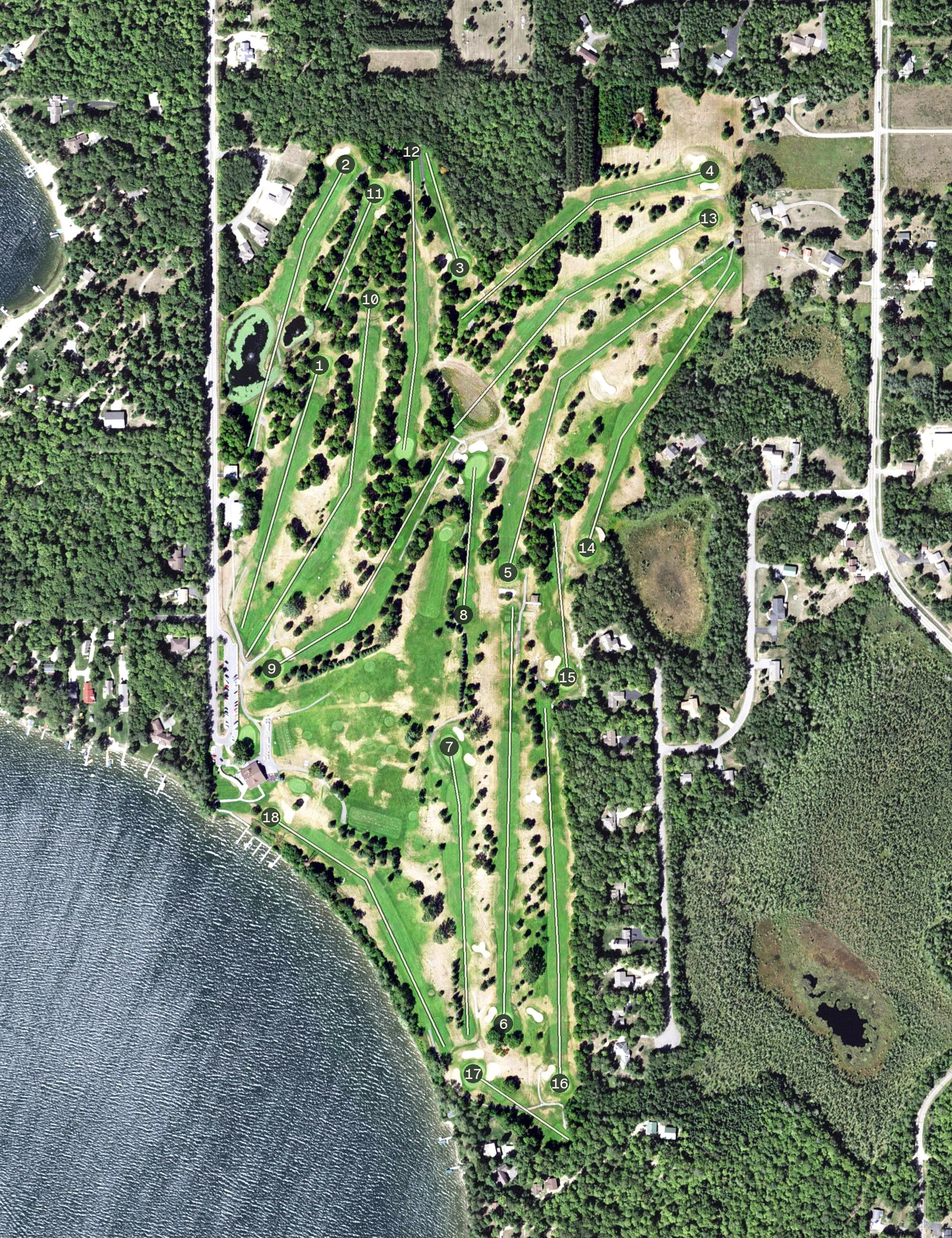 Aerial view of Pokegama Golf Course, MN, with its hole routing marked