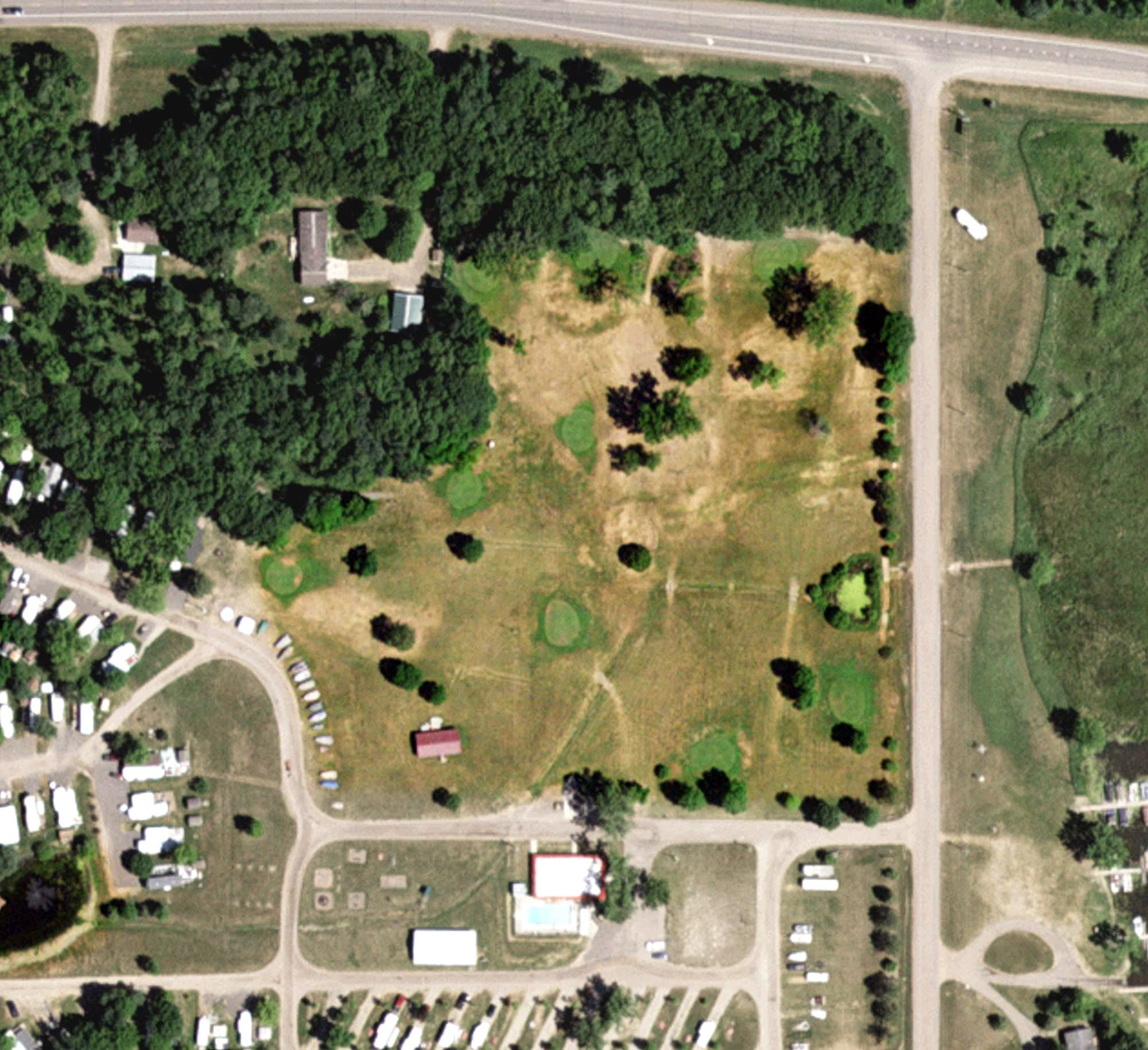 Aerial view of Pokegama Pitch & Putt, MN, with its hole routing marked