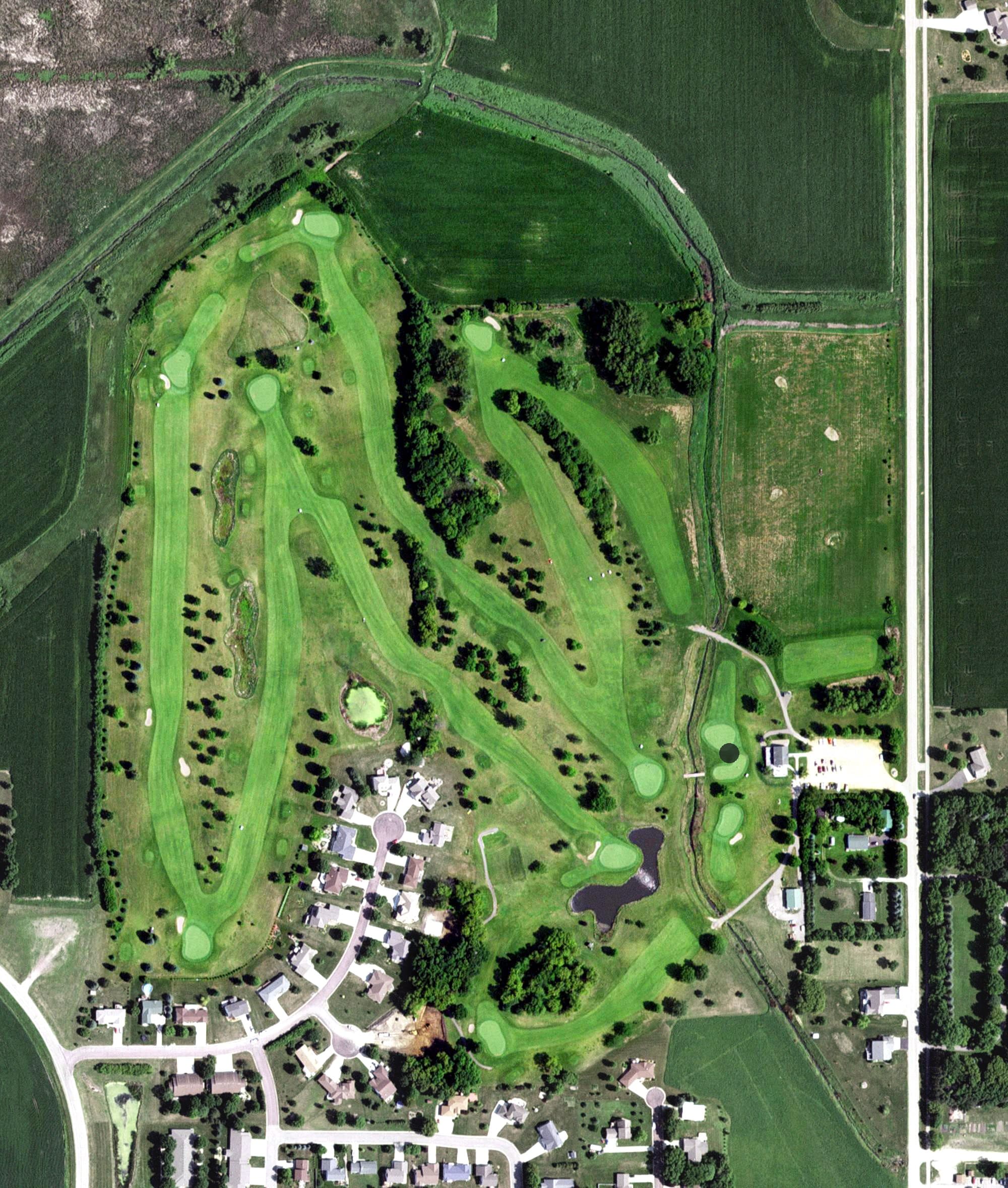 Aerial view of Prairie Ridge Golf Course, MN, with its hole routing marked