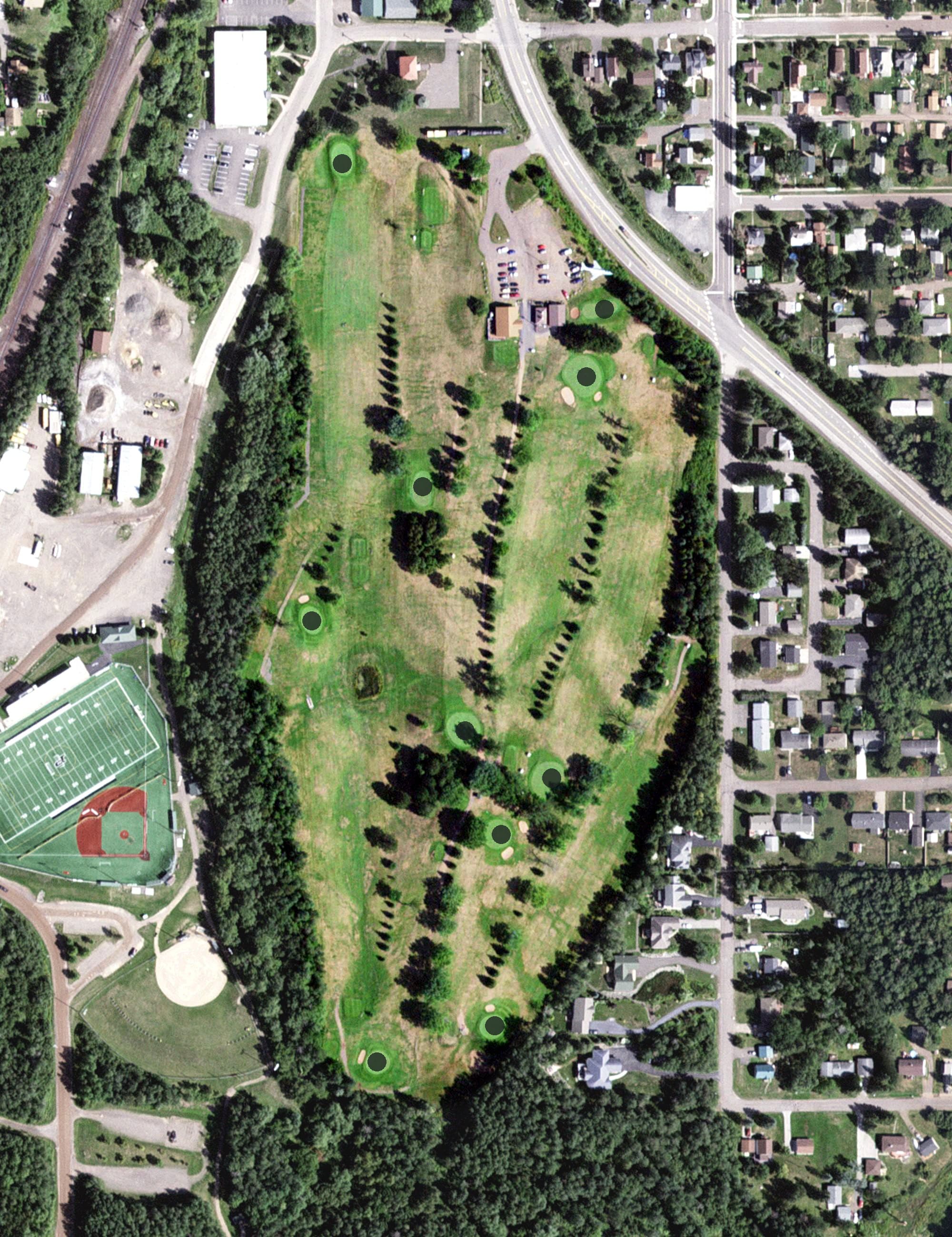 Aerial view of Proctor Golf Club and Course, MN, with its hole routing marked