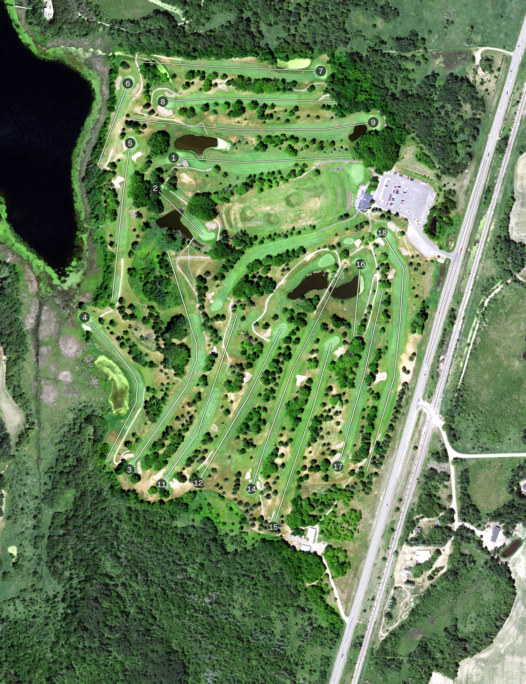 Aerial view of Purple Hawk Country Club, MN, with its hole routing marked