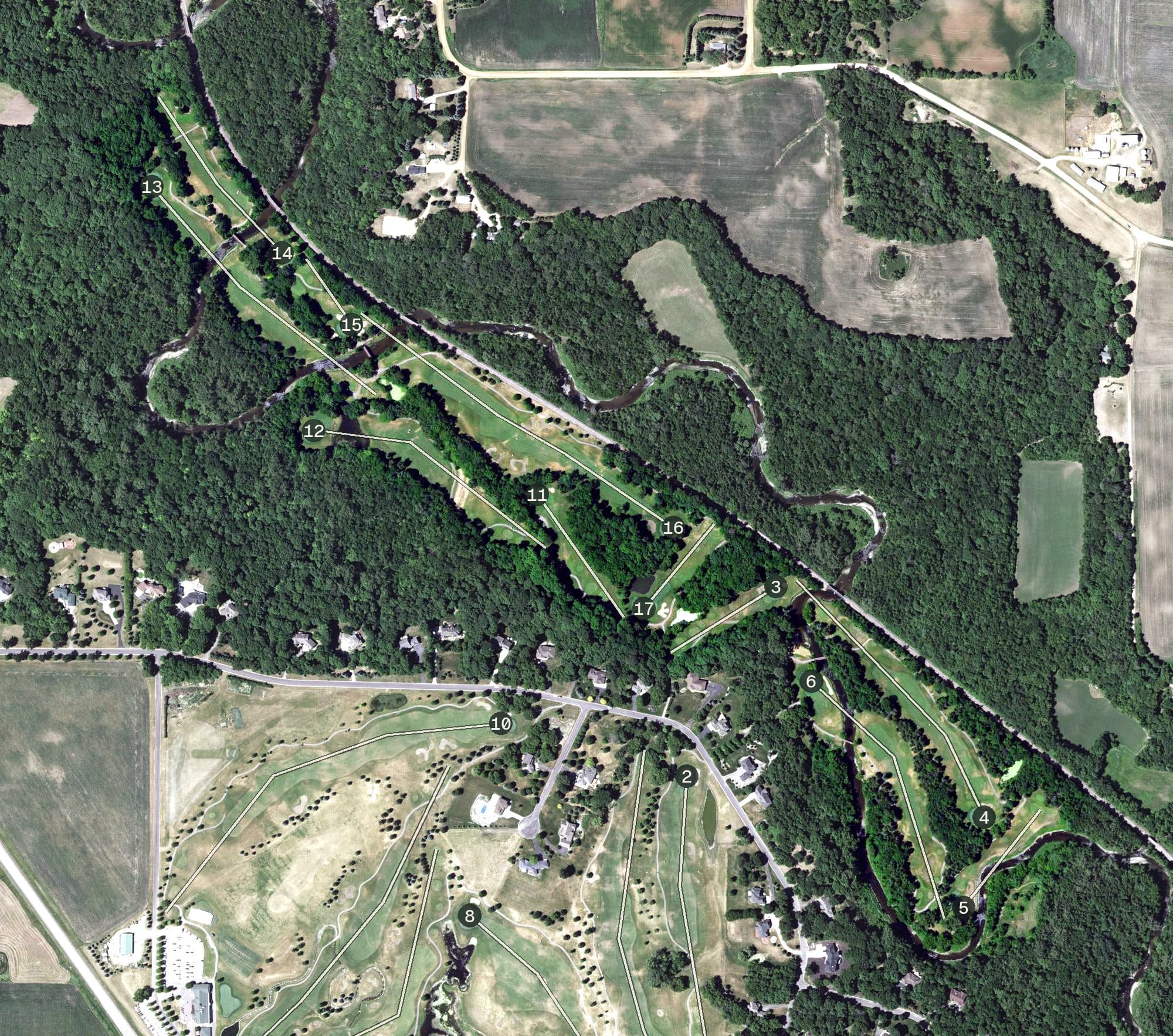 Aerial view of Ridges at Sand Creek, MN, with its hole routing marked