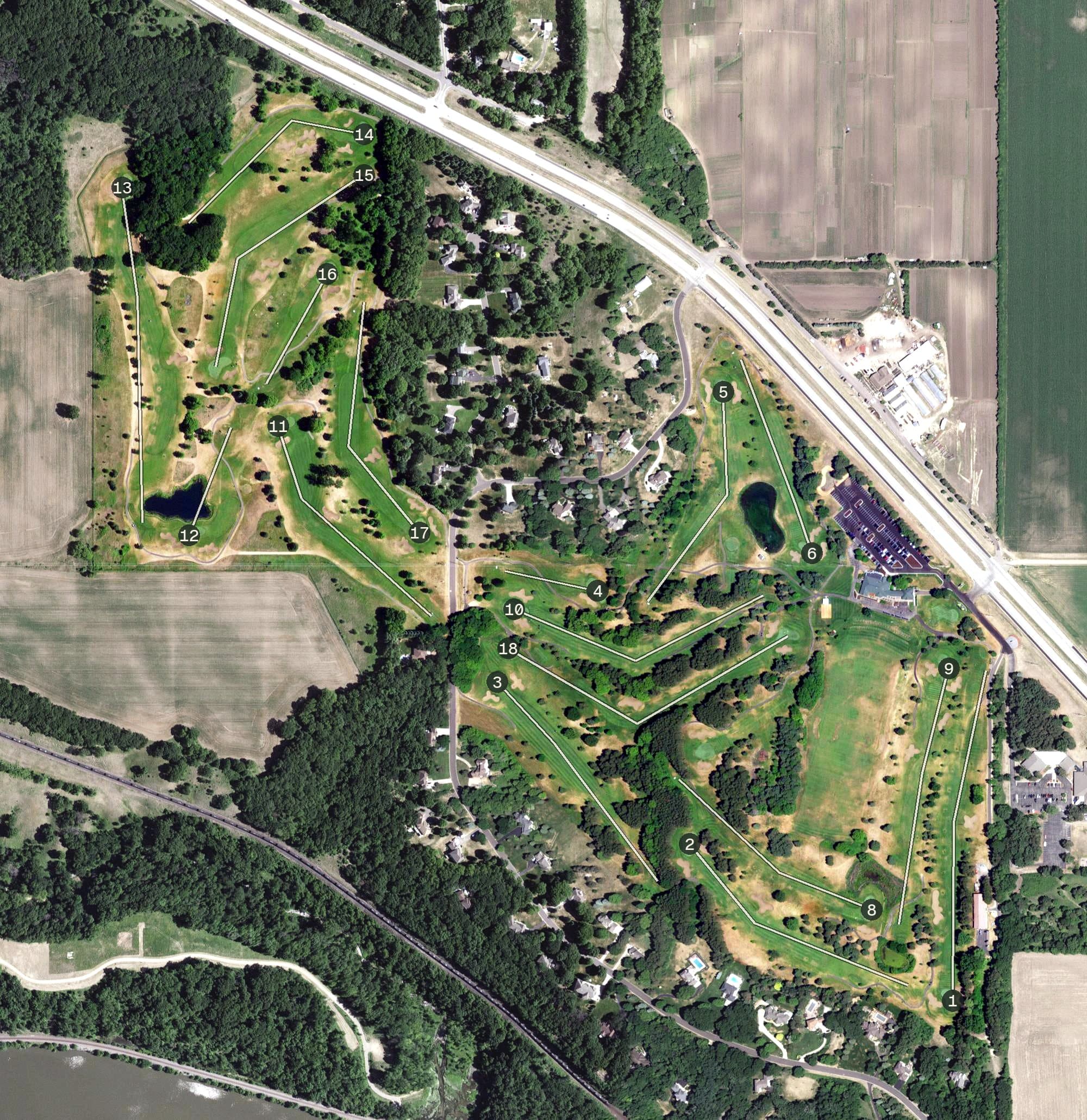 Aerial view of River Oaks Golf Course, MN, with its hole routing marked