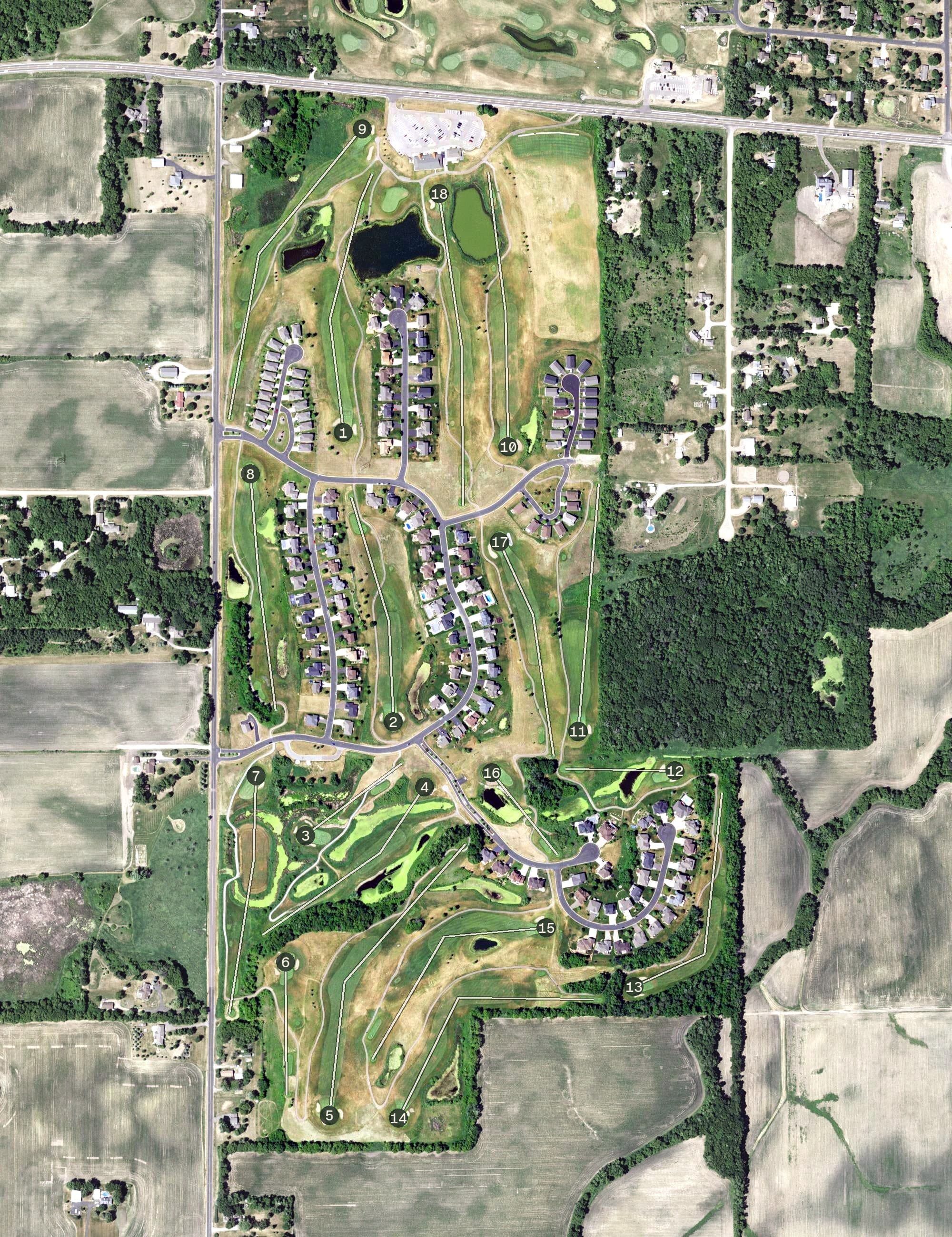Aerial view of Riverwood National, MN, with its hole routing marked