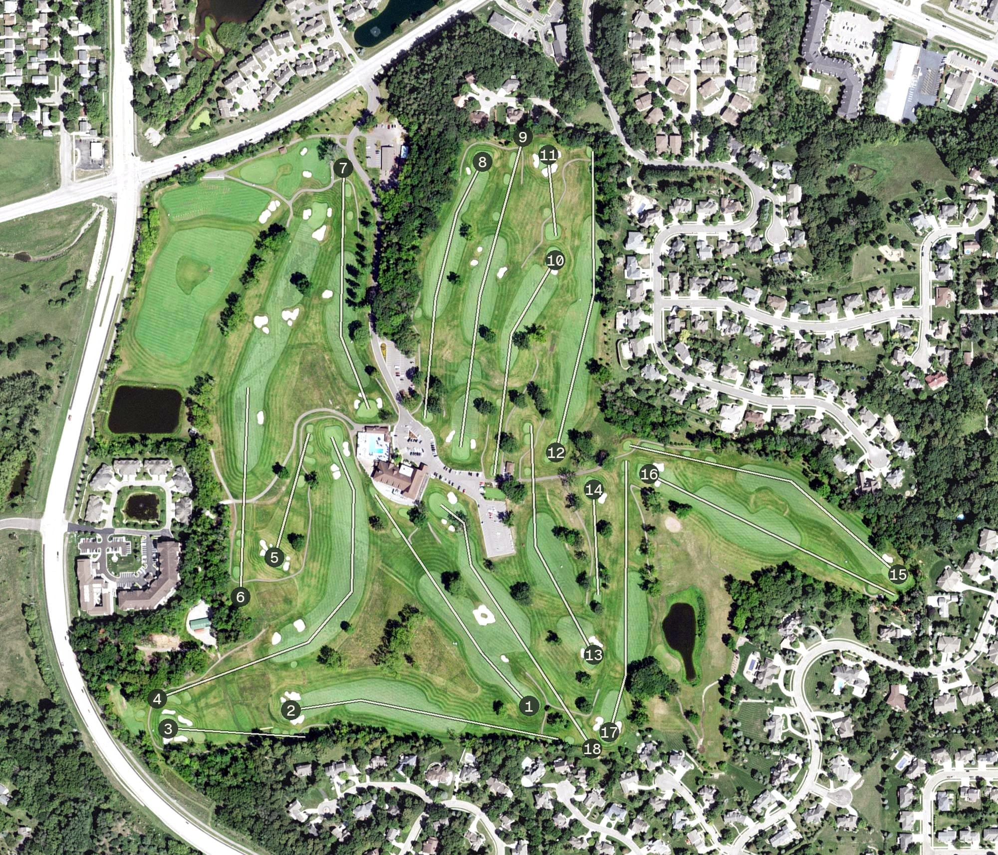 Aerial view of Rochester Golf & Country Club, MN, with its hole routing marked