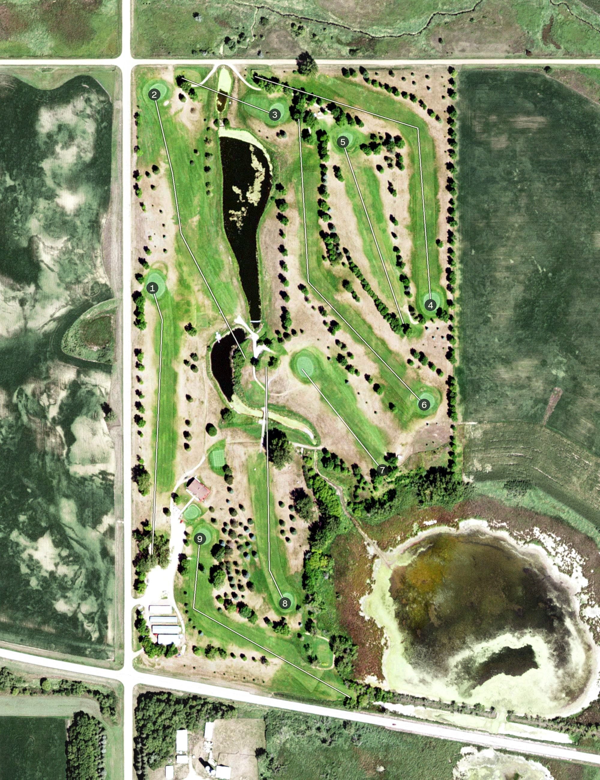 Aerial view of Rolling Hills Golf Club, MN, with its hole routing marked