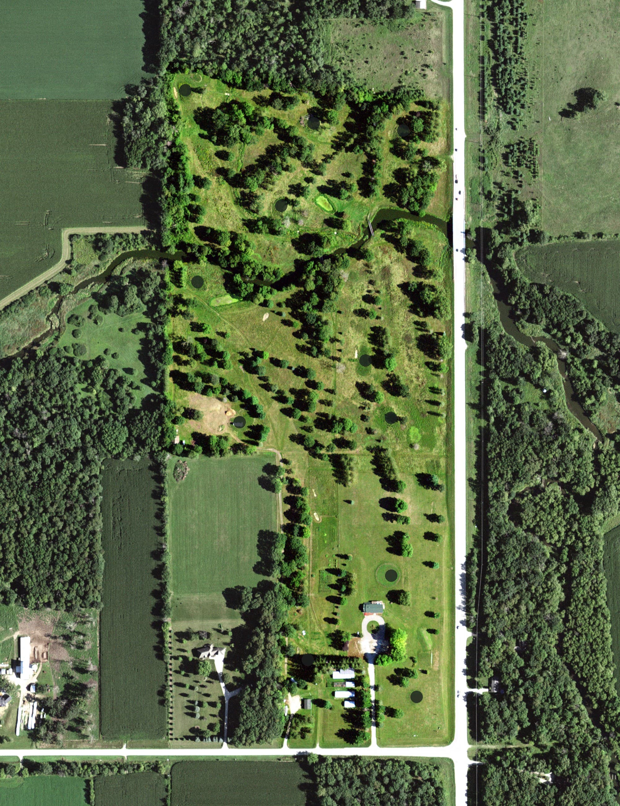 Aerial view of Root River Country Club, MN, with its hole routing marked