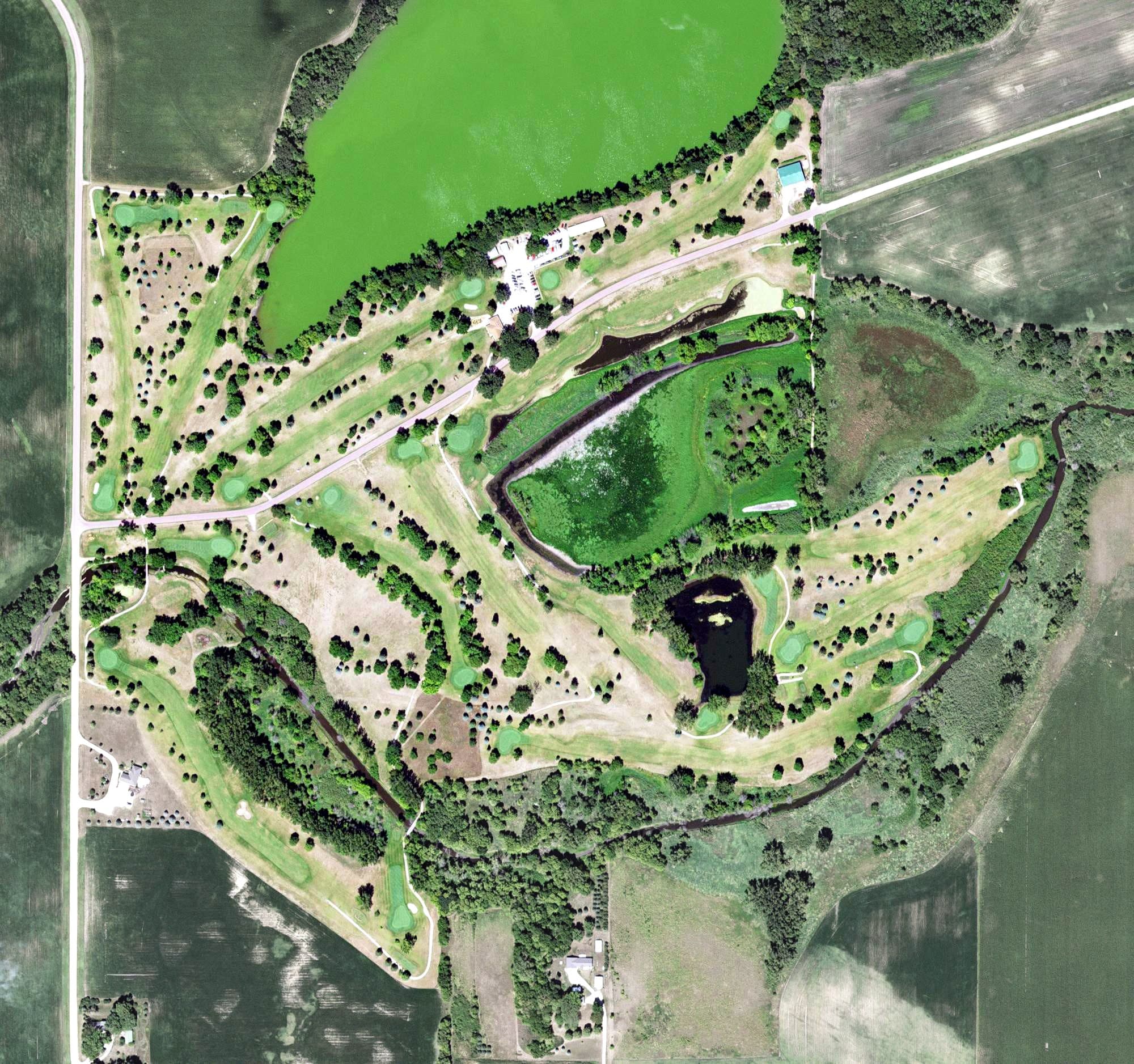 Aerial view of Rose Lake Golf Club, MN, with its hole routing marked