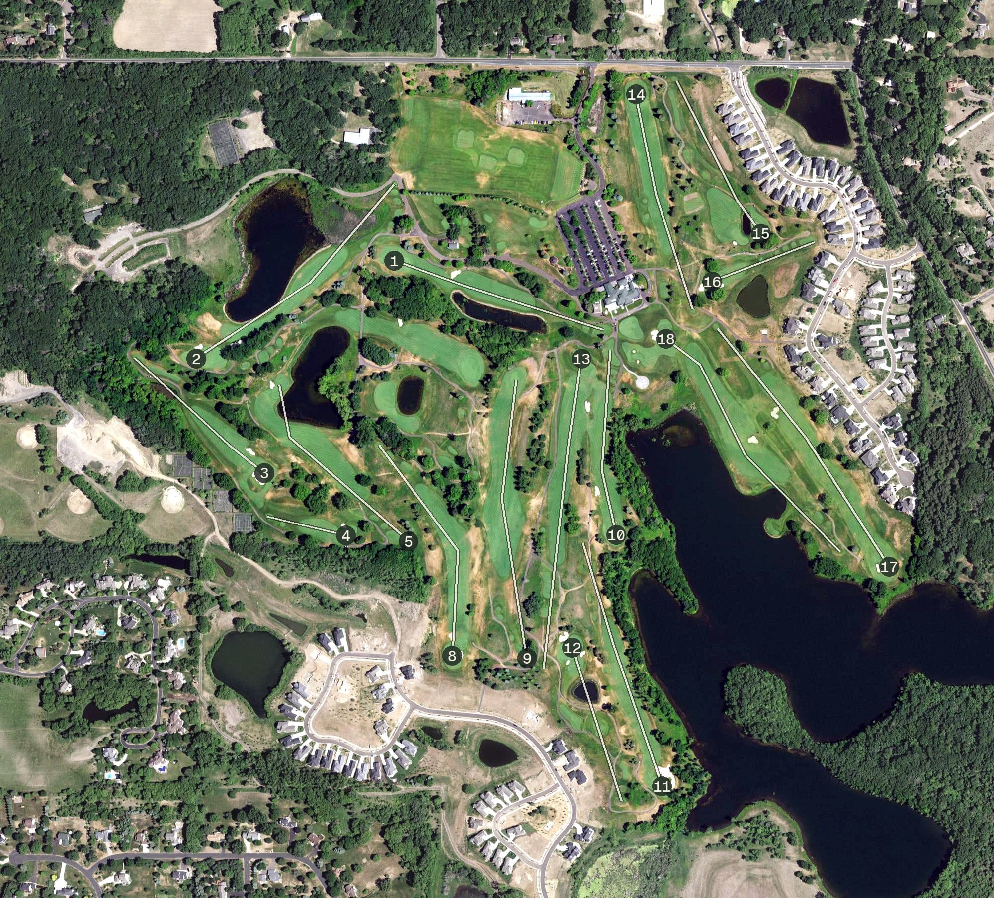 Aerial view of Royal Golf Club, MN, with its hole routing marked