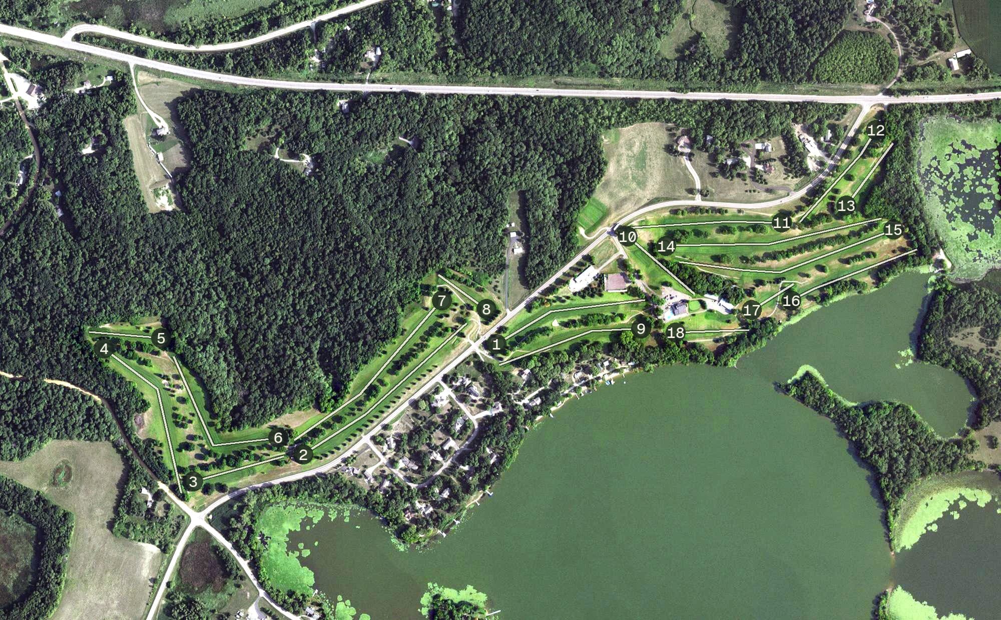 Aerial view of Shoreland Country Club, MN, with its hole routing marked