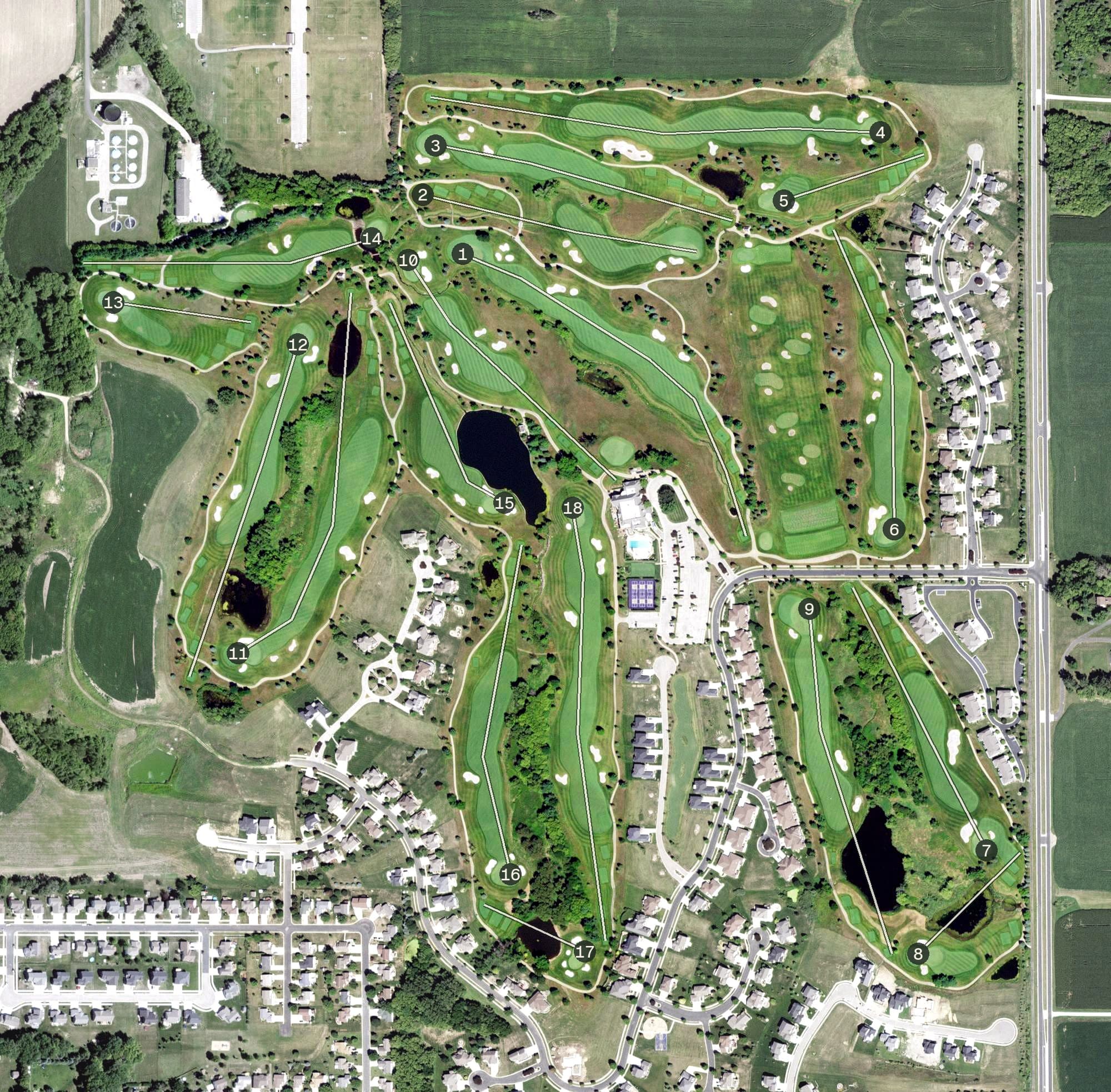 Aerial view of Somerby Golf Club, MN, with its hole routing marked