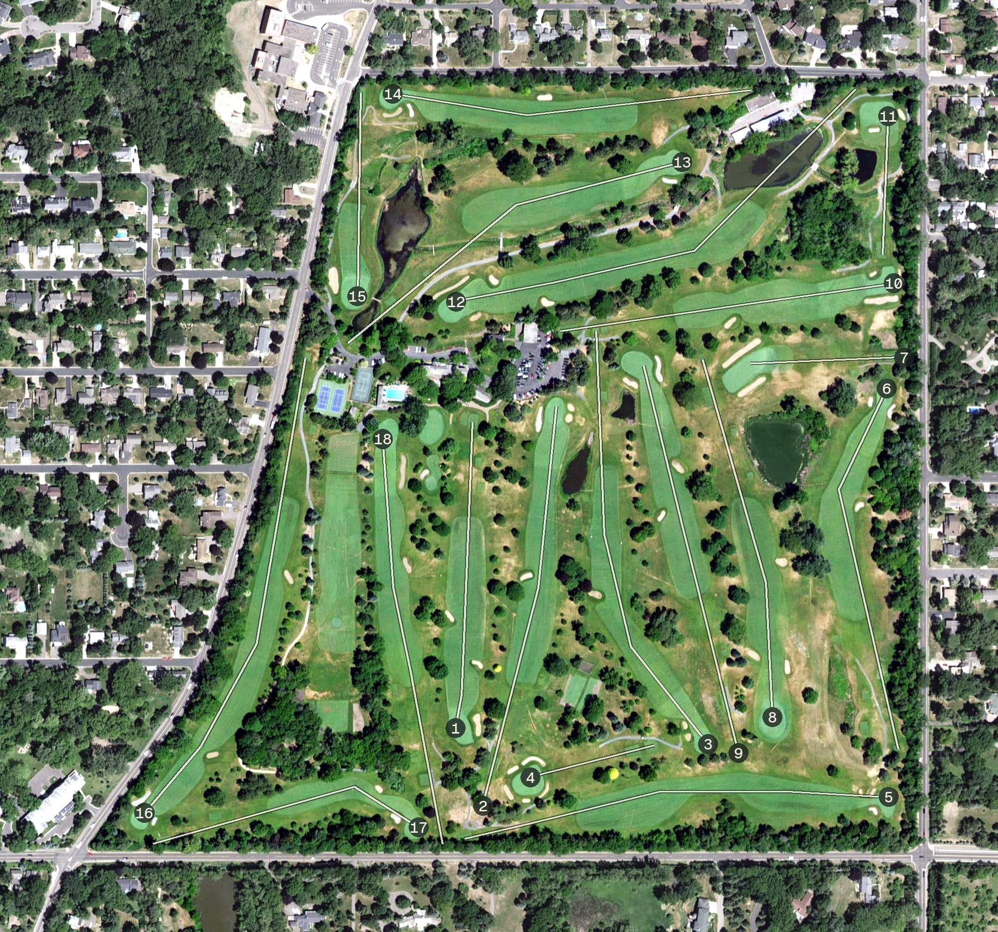 Aerial view of Somerset Country Club, MN, with its hole routing marked