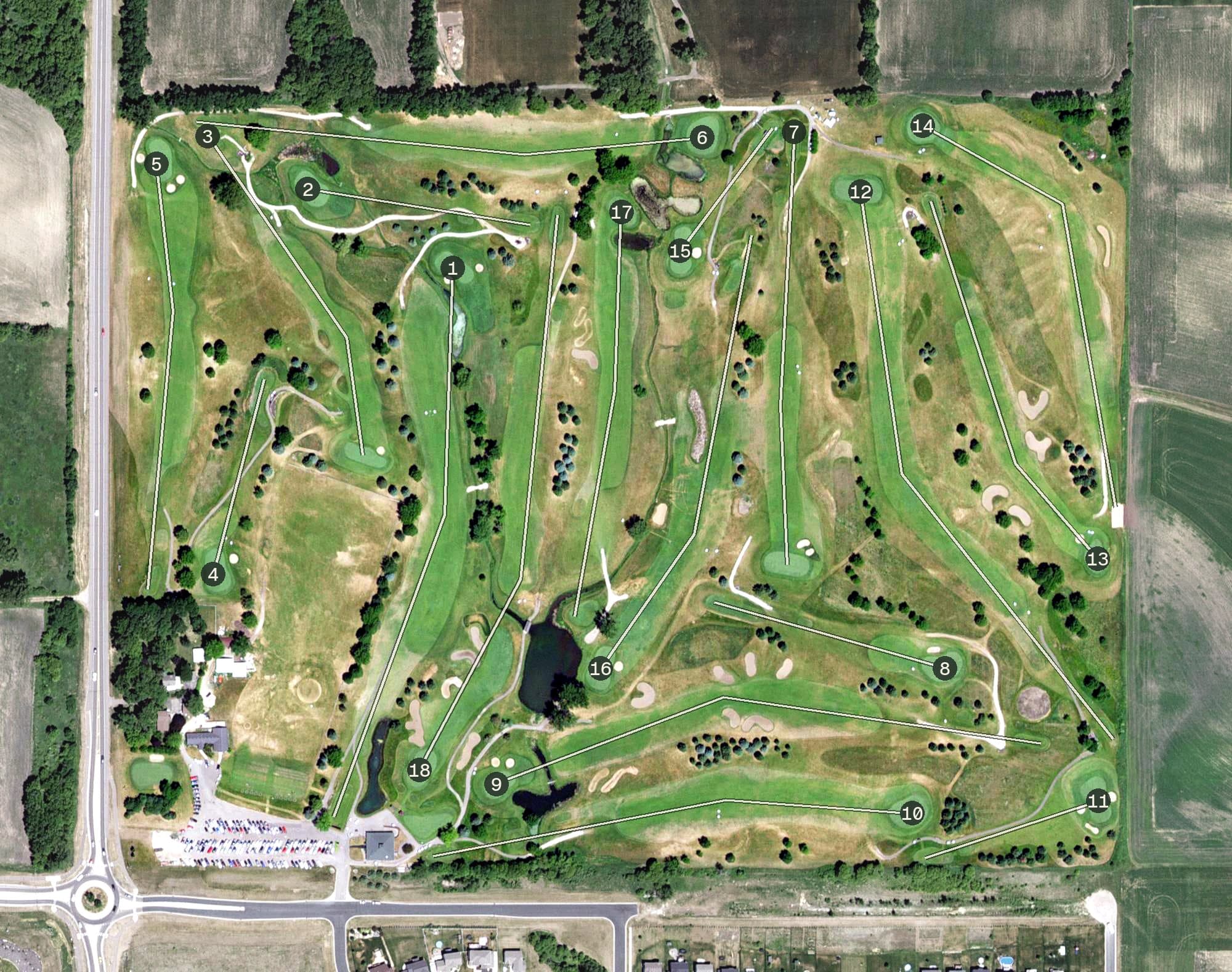 Aerial view of Southern Hills Golf Course, MN, with its hole routing marked
